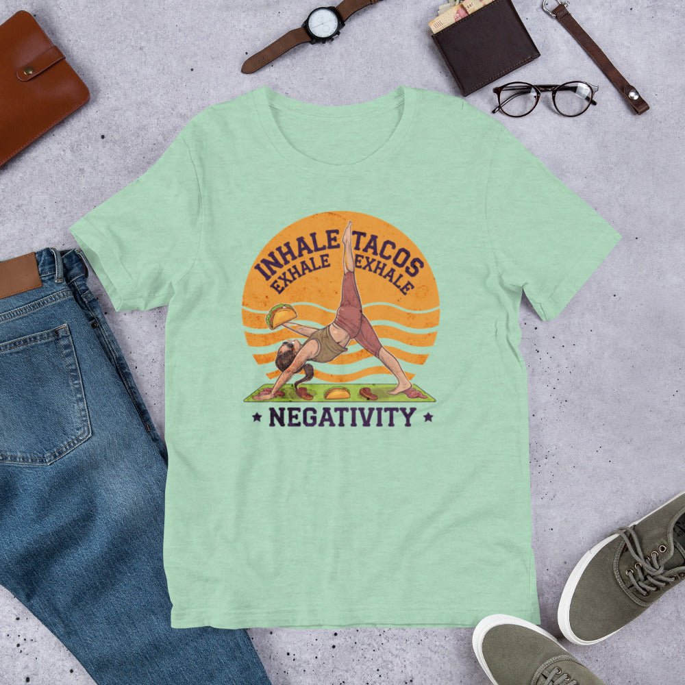 Funny Women's Yoga T-Shirt - "Inhale Tacos, Exhale Negativity" - Soft & Comfortable - Sublimegifts4u.com