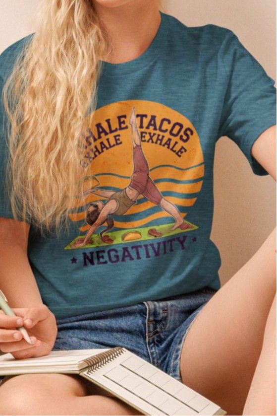 Funny Women's Yoga T-Shirt - "Inhale Tacos, Exhale Negativity" - Soft & Comfortable - Sublimegifts4u.com