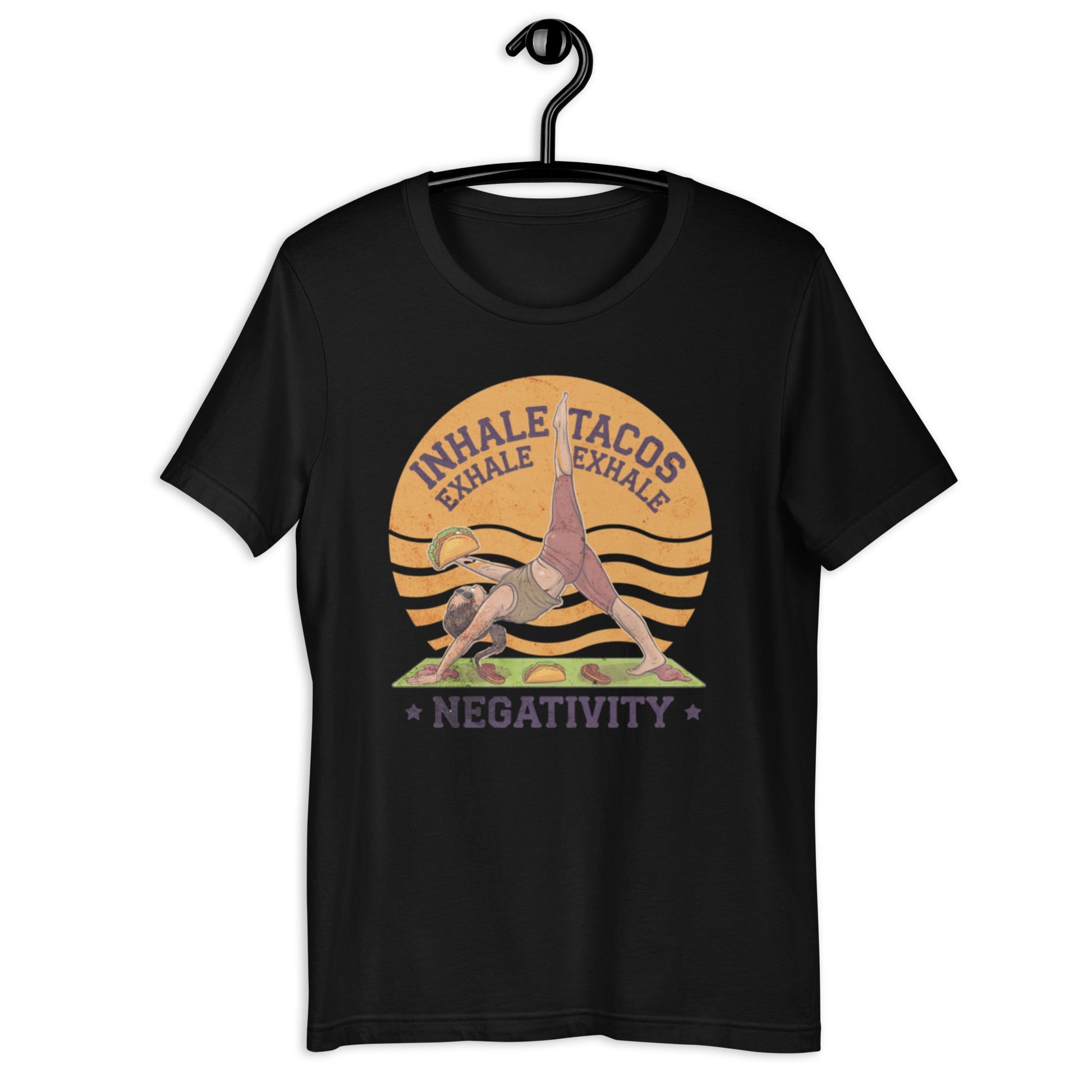 Funny Women's Yoga T-Shirt - "Inhale Tacos, Exhale Negativity" - Soft & Comfortable - Sublimegifts4u.com