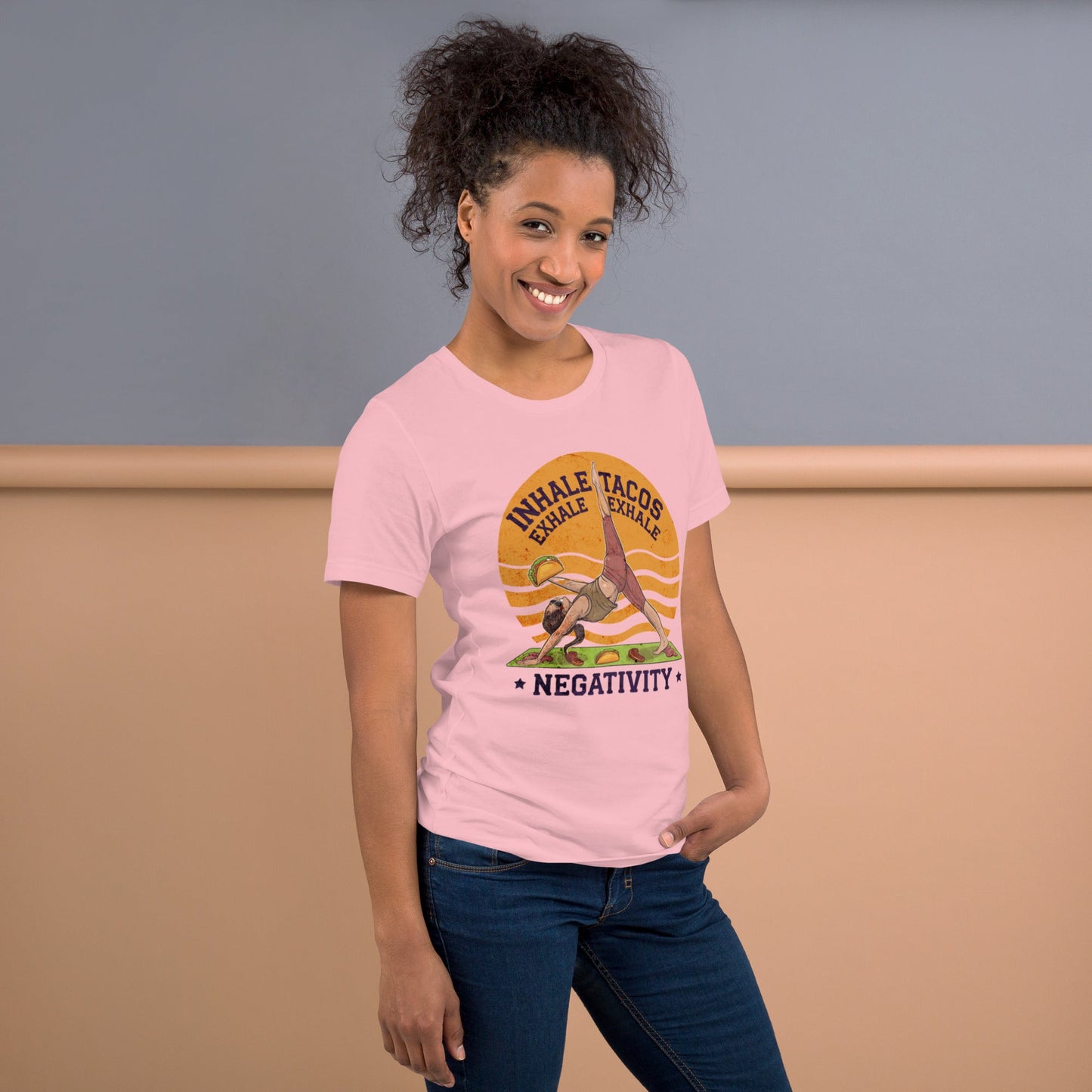 Funny Women's Yoga T-Shirt - "Inhale Tacos, Exhale Negativity" - Soft & Comfortable - Sublimegifts4u.com