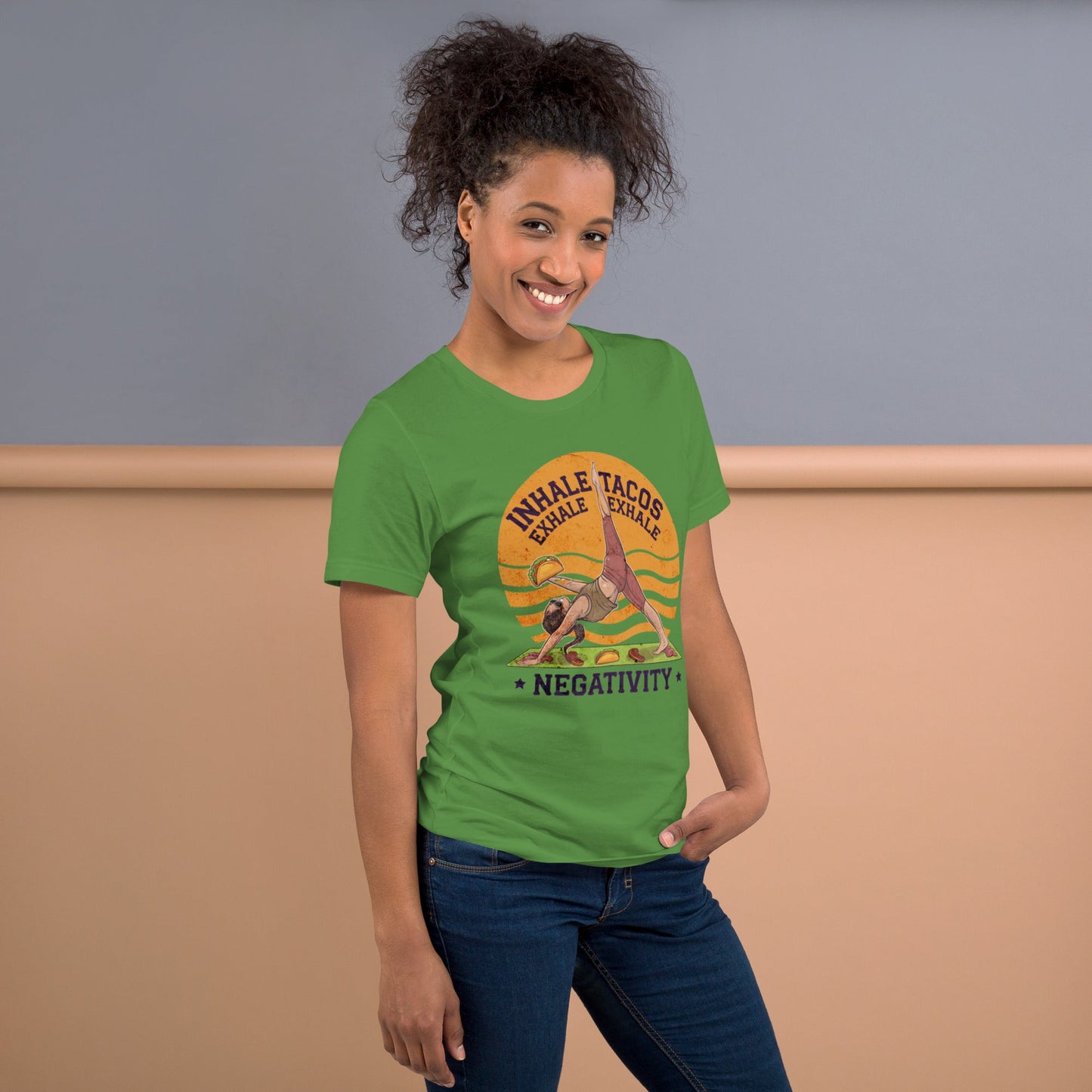 Funny Women's Yoga T-Shirt - "Inhale Tacos, Exhale Negativity" - Soft & Comfortable - Sublimegifts4u.com