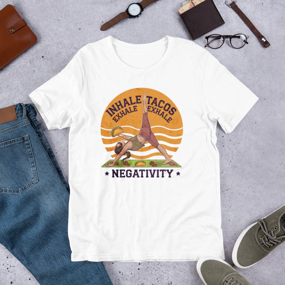 Funny Women's Yoga T-Shirt - "Inhale Tacos, Exhale Negativity" - Soft & Comfortable - Sublimegifts4u.com