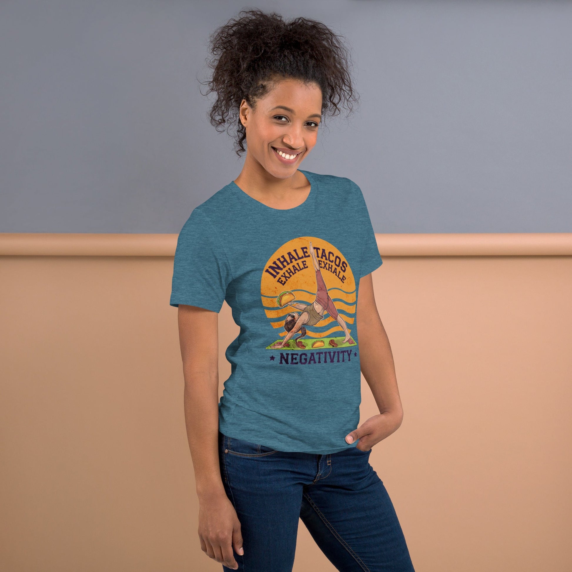 Funny Women's Yoga T-Shirt - "Inhale Tacos, Exhale Negativity" - Soft & Comfortable - Sublimegifts4u.com