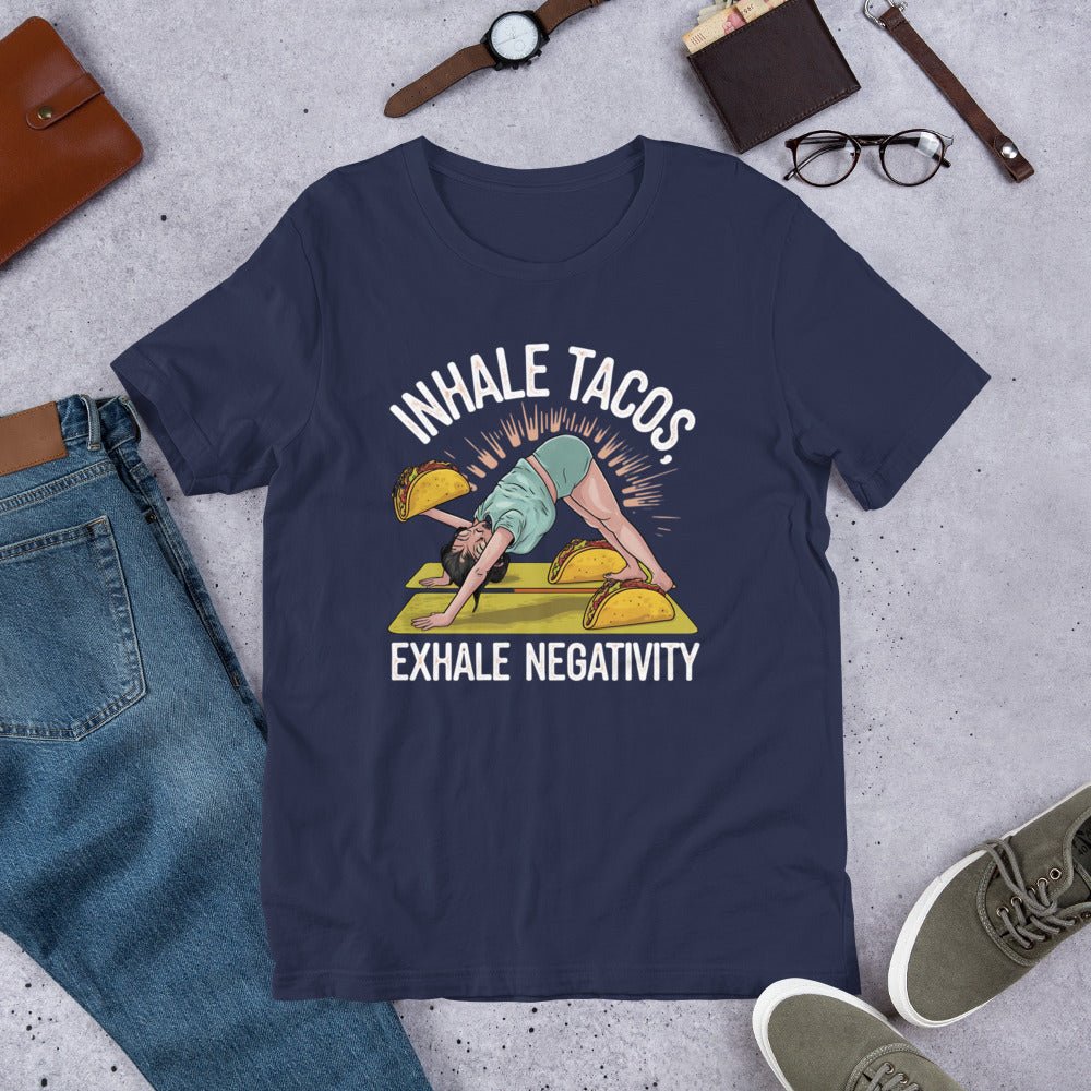 Funny Women's Yoga T-Shirt - "Inhale Tacos, Exhale Negativity" - Soft & Lightweight - Sublimegifts4u.com