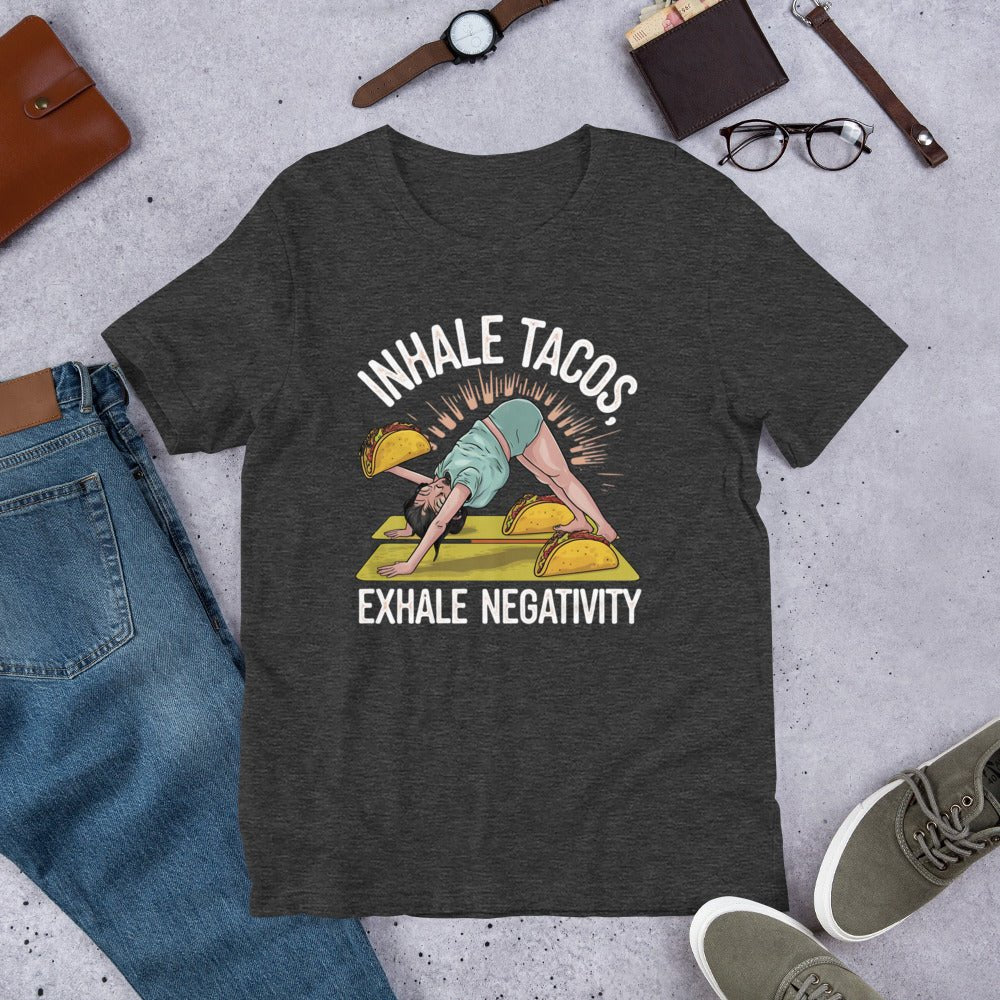 Funny Women's Yoga T-Shirt - "Inhale Tacos, Exhale Negativity" - Soft & Lightweight - Sublimegifts4u.com