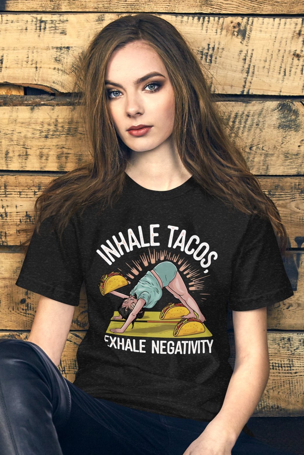 Funny Women's Yoga T-Shirt - "Inhale Tacos, Exhale Negativity" - Soft & Lightweight - Sublimegifts4u.com