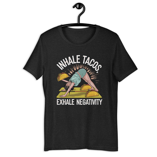 Funny Women's Yoga T-Shirt - "Inhale Tacos, Exhale Negativity" - Soft & Lightweight - Sublimegifts4u.com