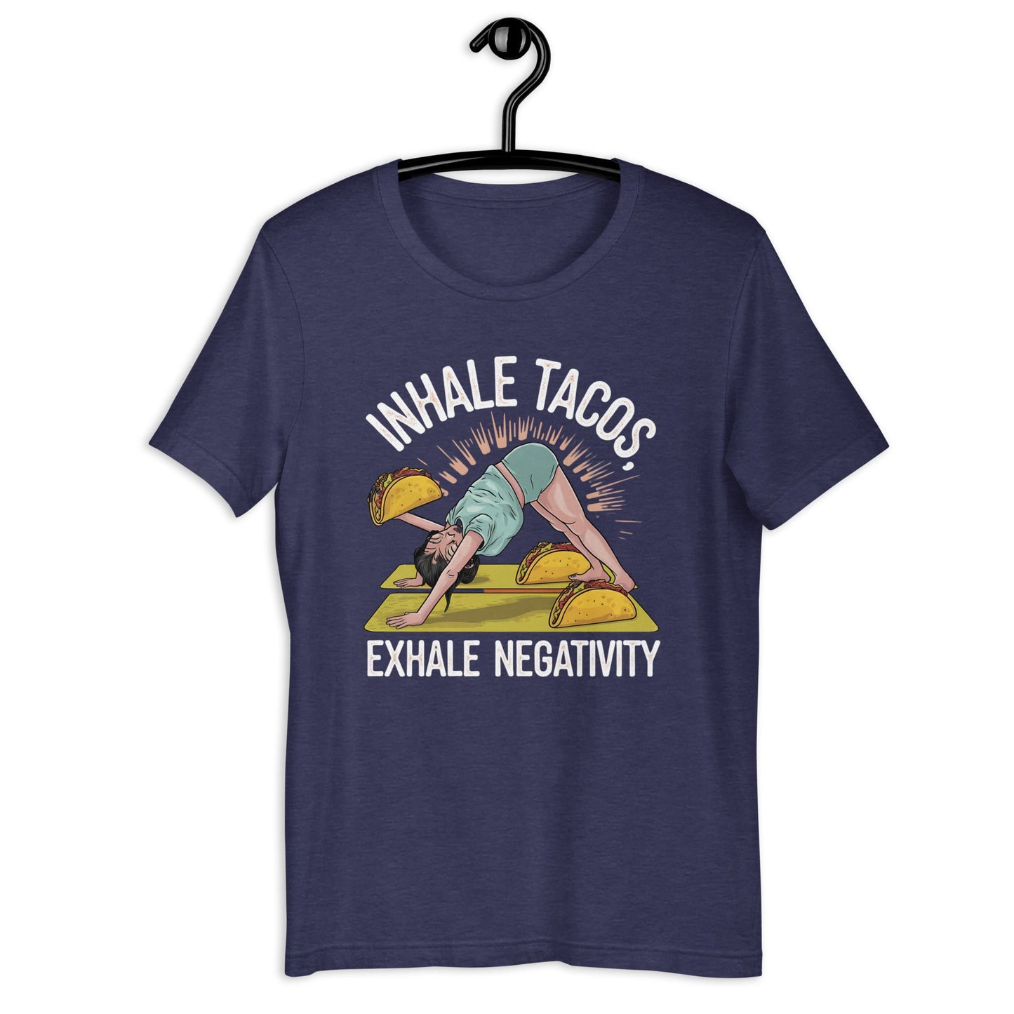 Funny Women's Yoga T-Shirt - "Inhale Tacos, Exhale Negativity" - Soft & Lightweight - Sublimegifts4u.com