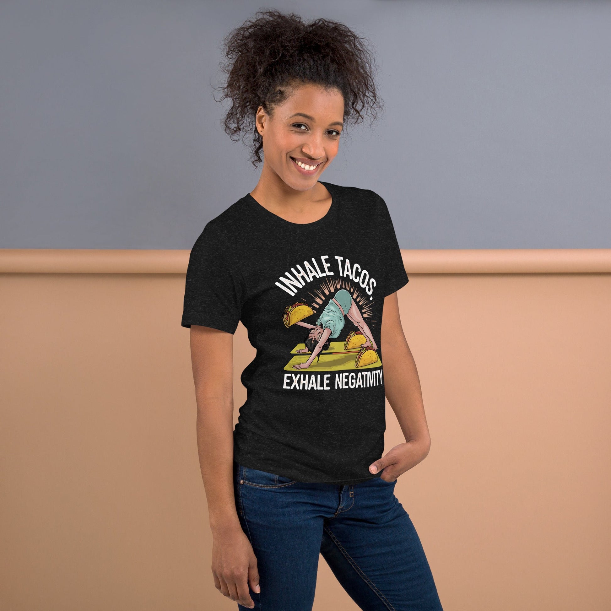 Funny Women's Yoga T-Shirt - "Inhale Tacos, Exhale Negativity" - Soft & Lightweight - Sublimegifts4u.com