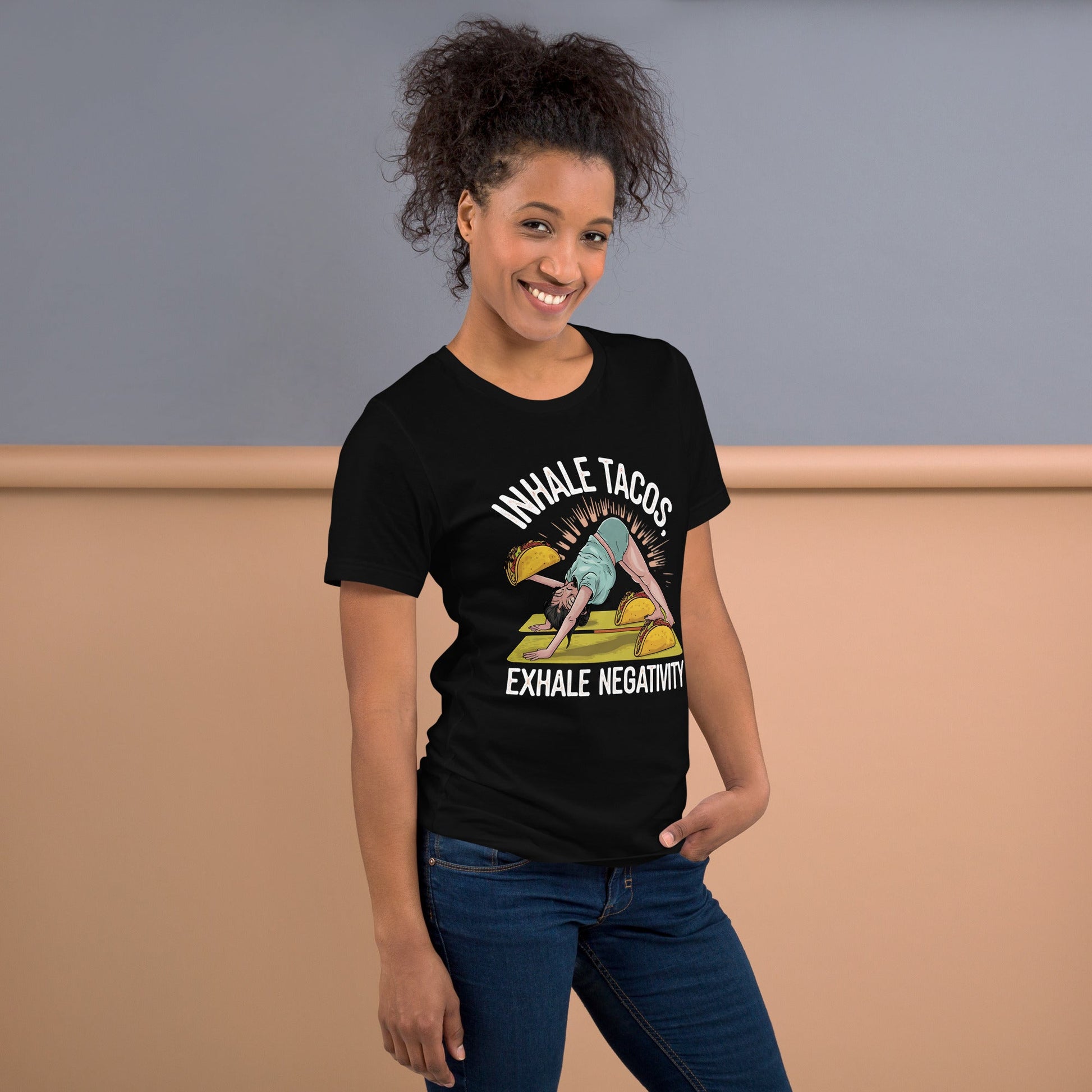 Funny Women's Yoga T-Shirt - "Inhale Tacos, Exhale Negativity" - Soft & Lightweight - Sublimegifts4u.com