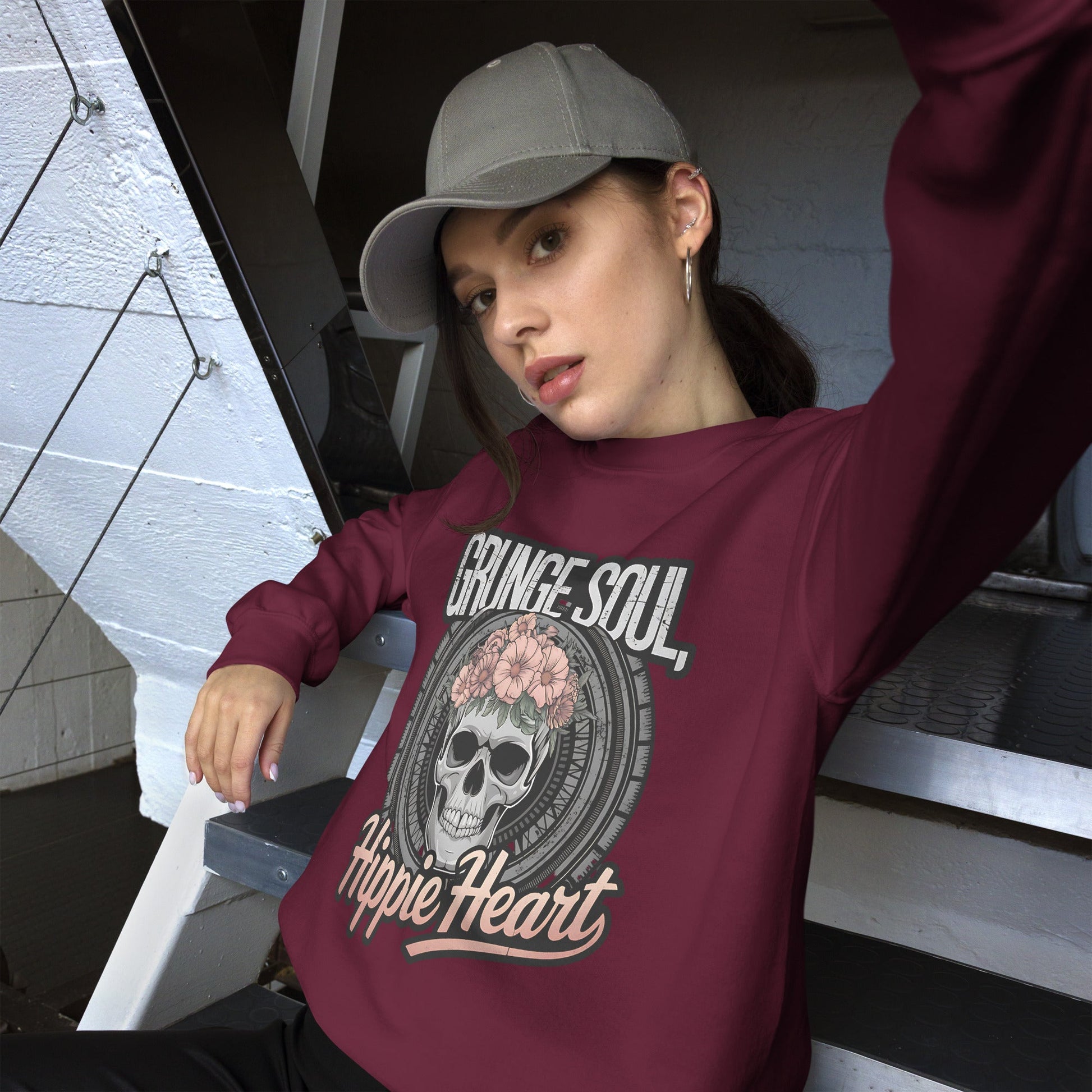 Grunge Soul Hippie Heart Women's Sweatshirt – Skull & Florals Design - Sublimegifts4u.com