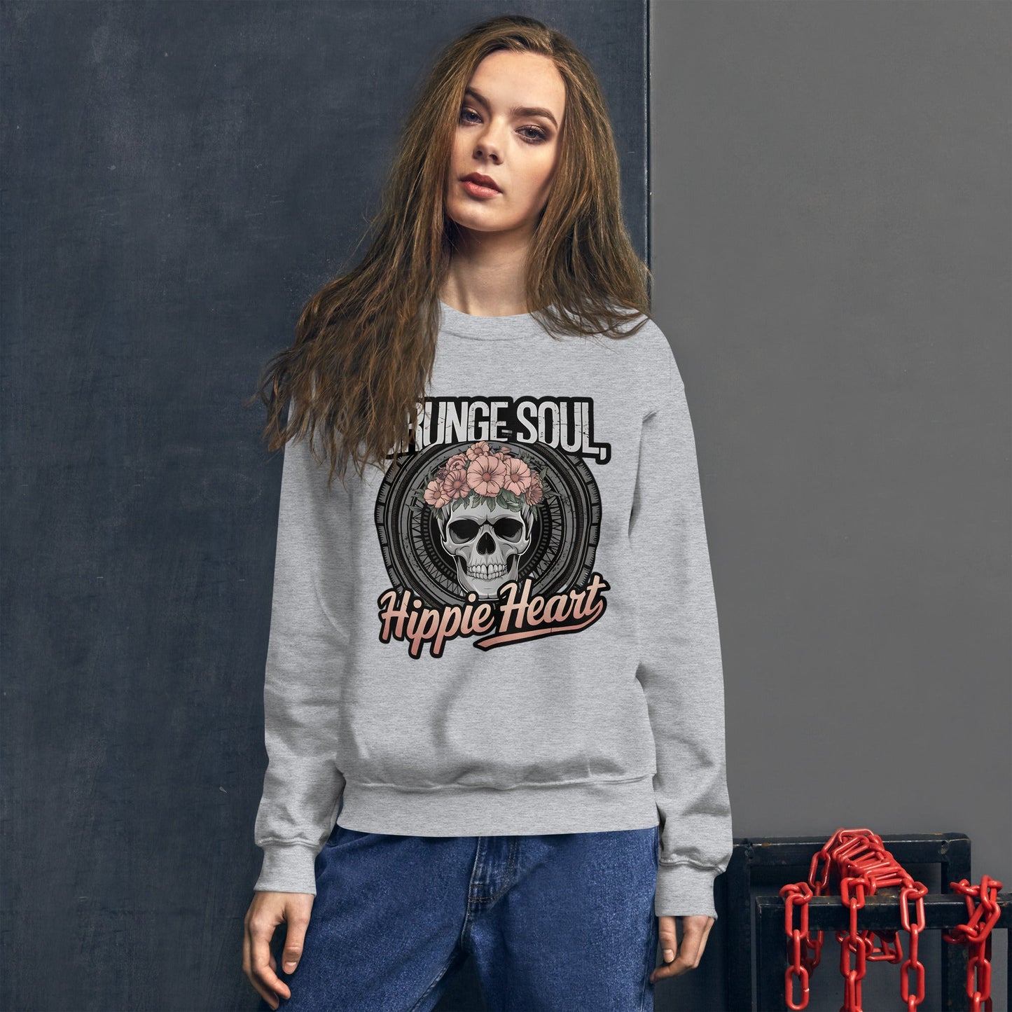 Grunge Soul Hippie Heart Women's Sweatshirt – Skull & Florals Design - Sublimegifts4u.com