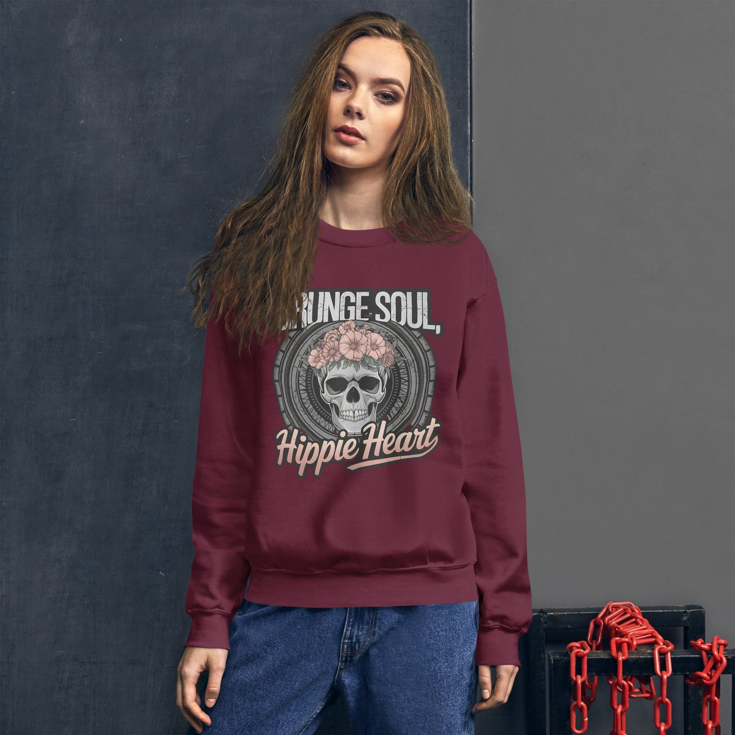 Grunge Soul Hippie Heart Women's Sweatshirt – Skull & Florals Design - Sublimegifts4u.com