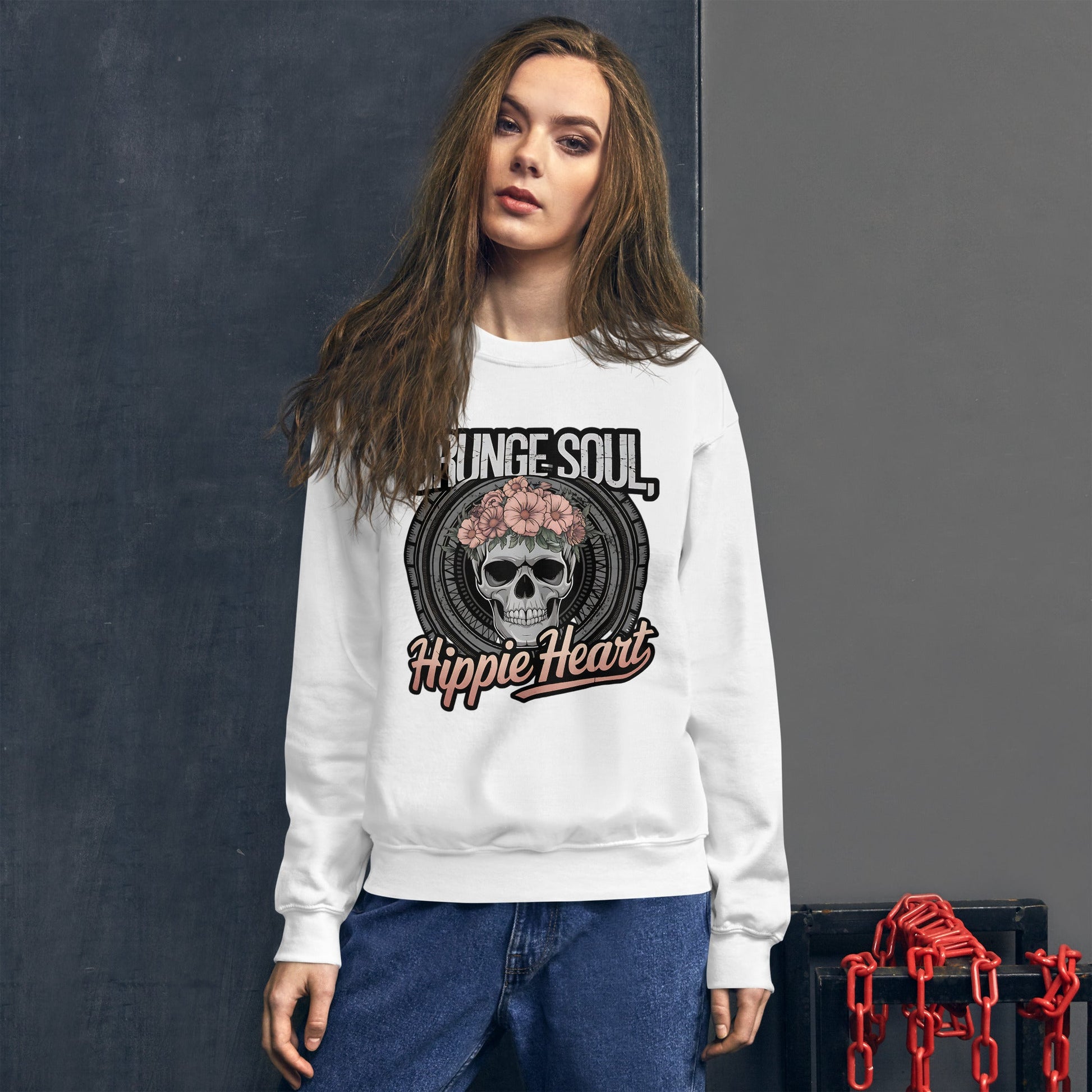 Grunge Soul Hippie Heart Women's Sweatshirt – Skull & Florals Design - Sublimegifts4u.com