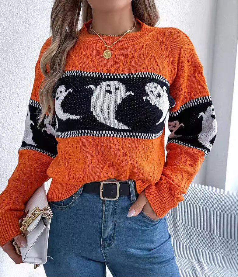 Halloween Ghost Contrast Color Knitted Long - sleeved Pullover - Sublimegifts4u.com