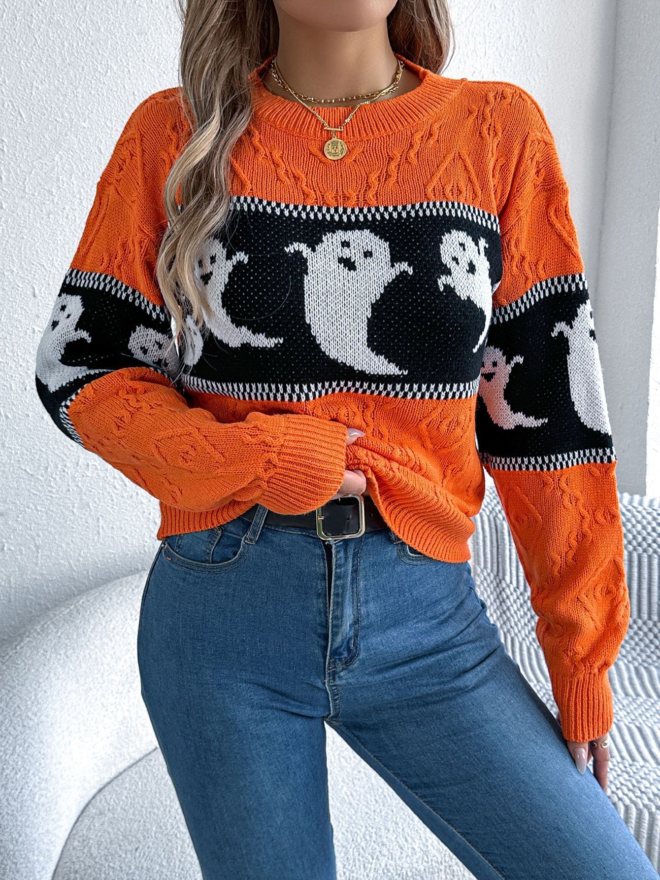 Halloween Ghost Contrast Color Knitted Long - sleeved Pullover - Sublimegifts4u.com