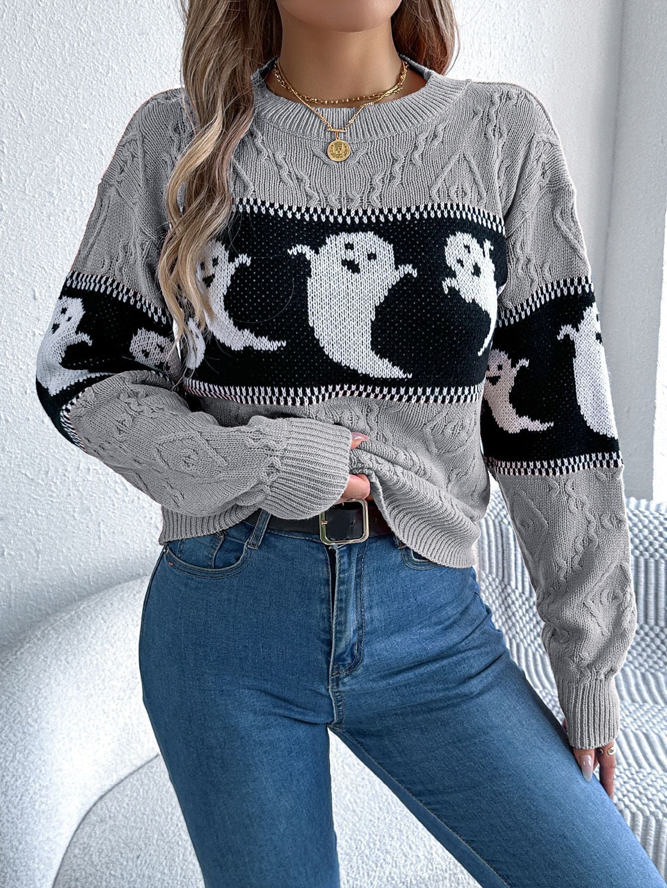 Halloween Ghost Contrast Color Knitted Long - sleeved Pullover - Sublimegifts4u.com