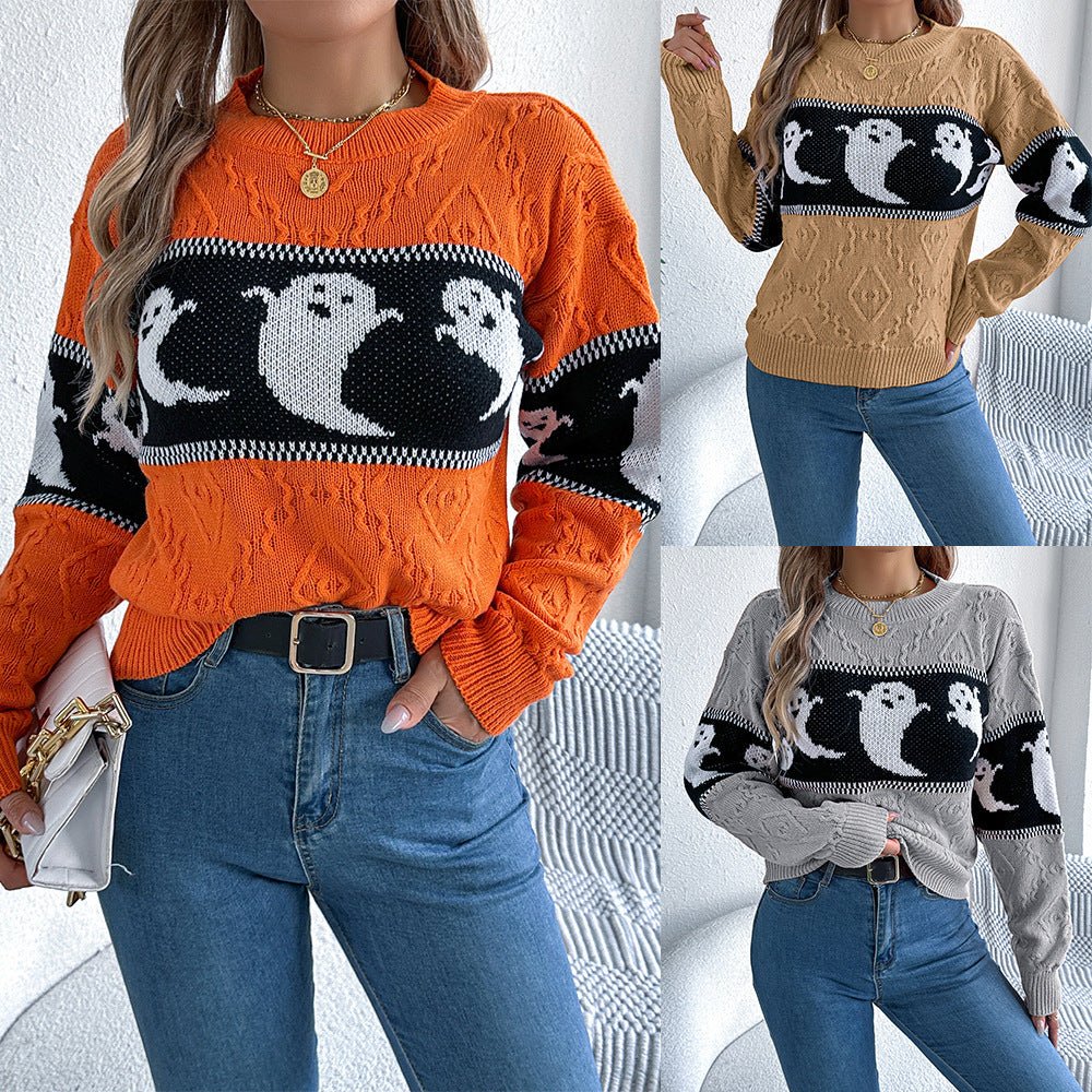 Halloween Ghost Contrast Color Knitted Long - sleeved Pullover - Sublimegifts4u.com