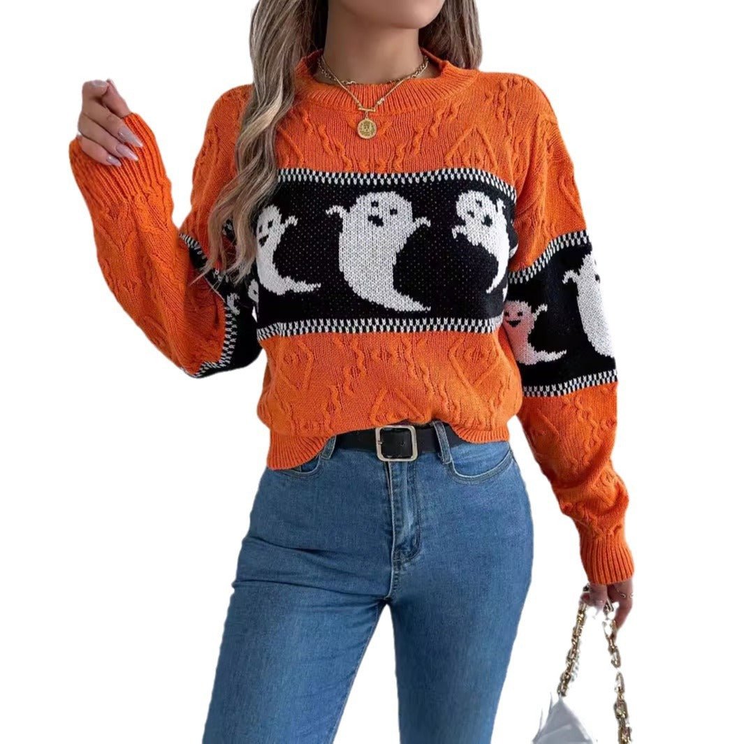 Halloween Ghost Contrast Color Knitted Long - sleeved Pullover - Sublimegifts4u.com