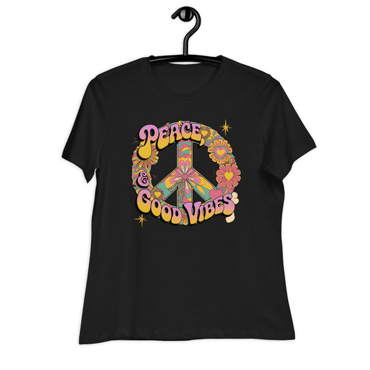 Hippie Peace Wreath Floral Women's Tee - Soft & Comfortable, "Peace Good Vibes" Shirt - Sublimegifts4u.com