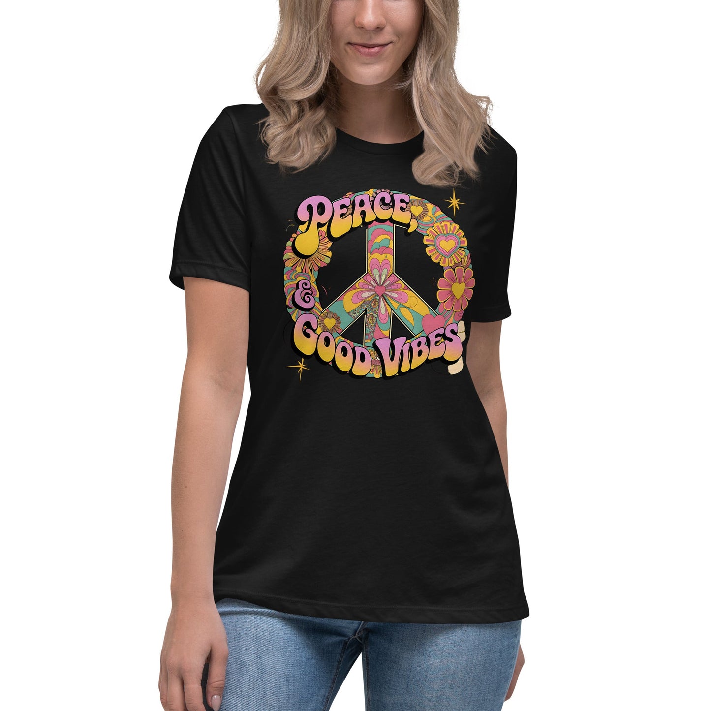 Hippie Peace Wreath Floral Women's Tee - Soft & Comfortable, "Peace Good Vibes" Shirt - Sublimegifts4u.com