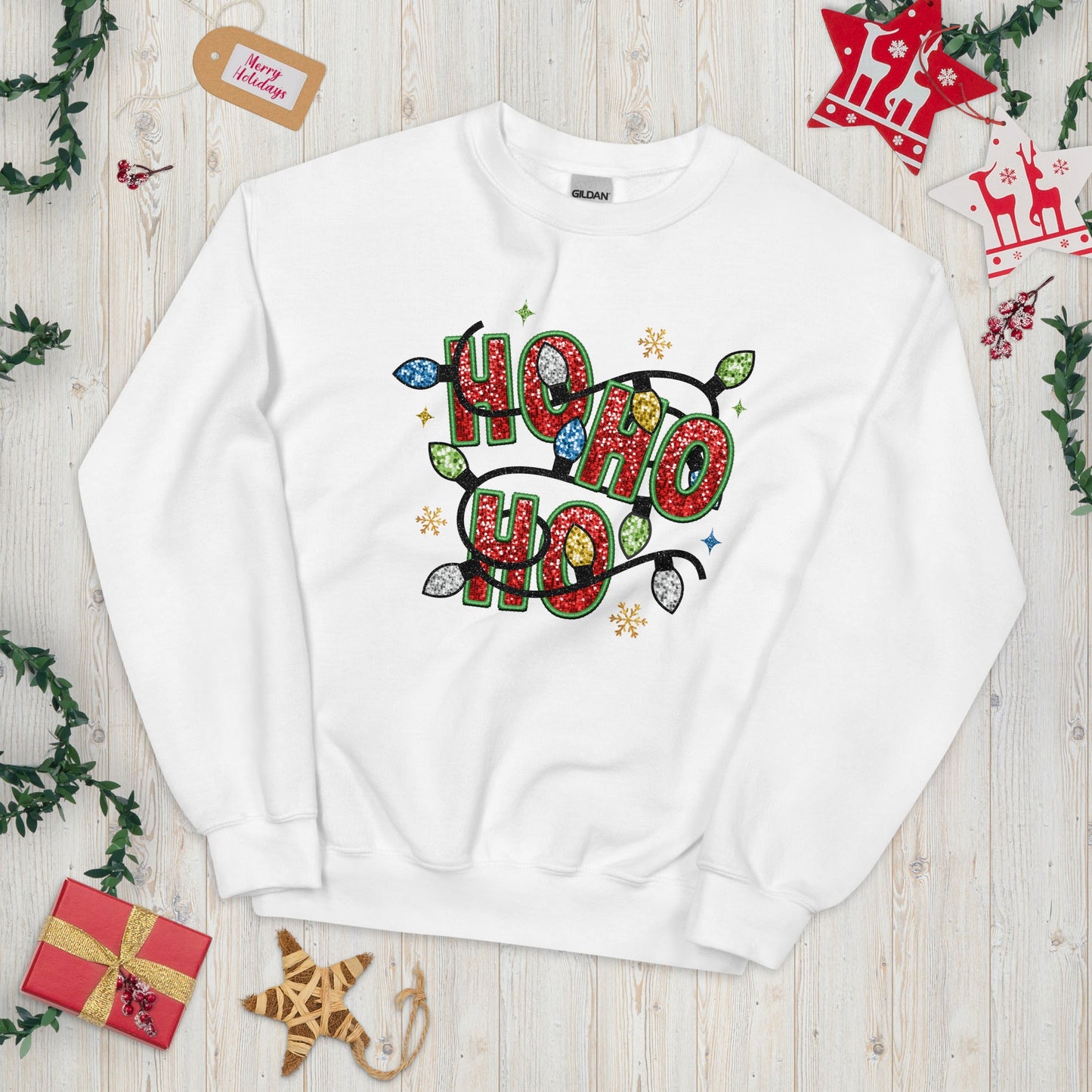 "Ho Ho Ho Women's Christmas Sweatshirt - String of Christmas Lights, Soft & Warm Classic Fit - Sublimegifts4u.com