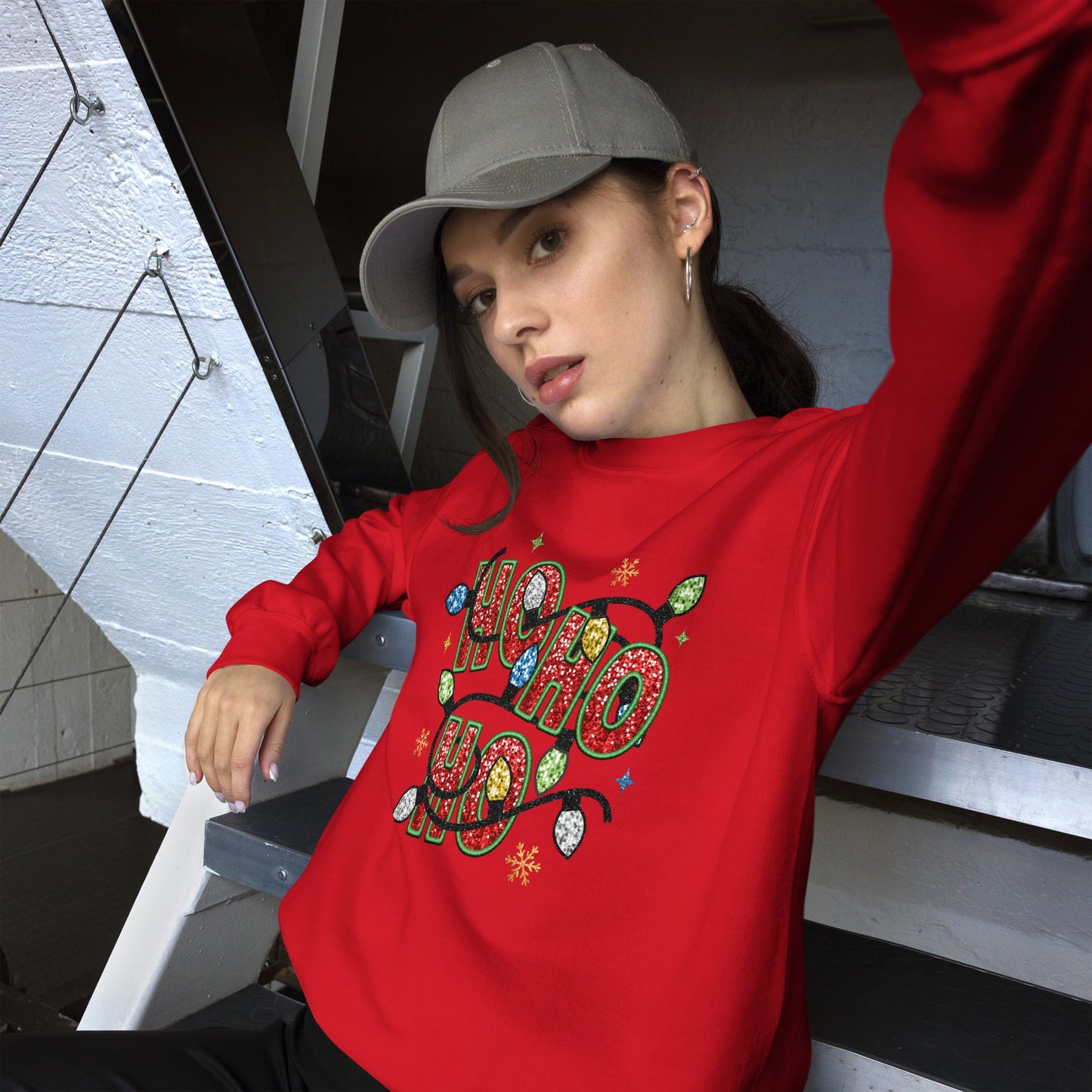 "Ho Ho Ho Women's Christmas Sweatshirt - String of Christmas Lights, Soft & Warm Classic Fit - Sublimegifts4u.com