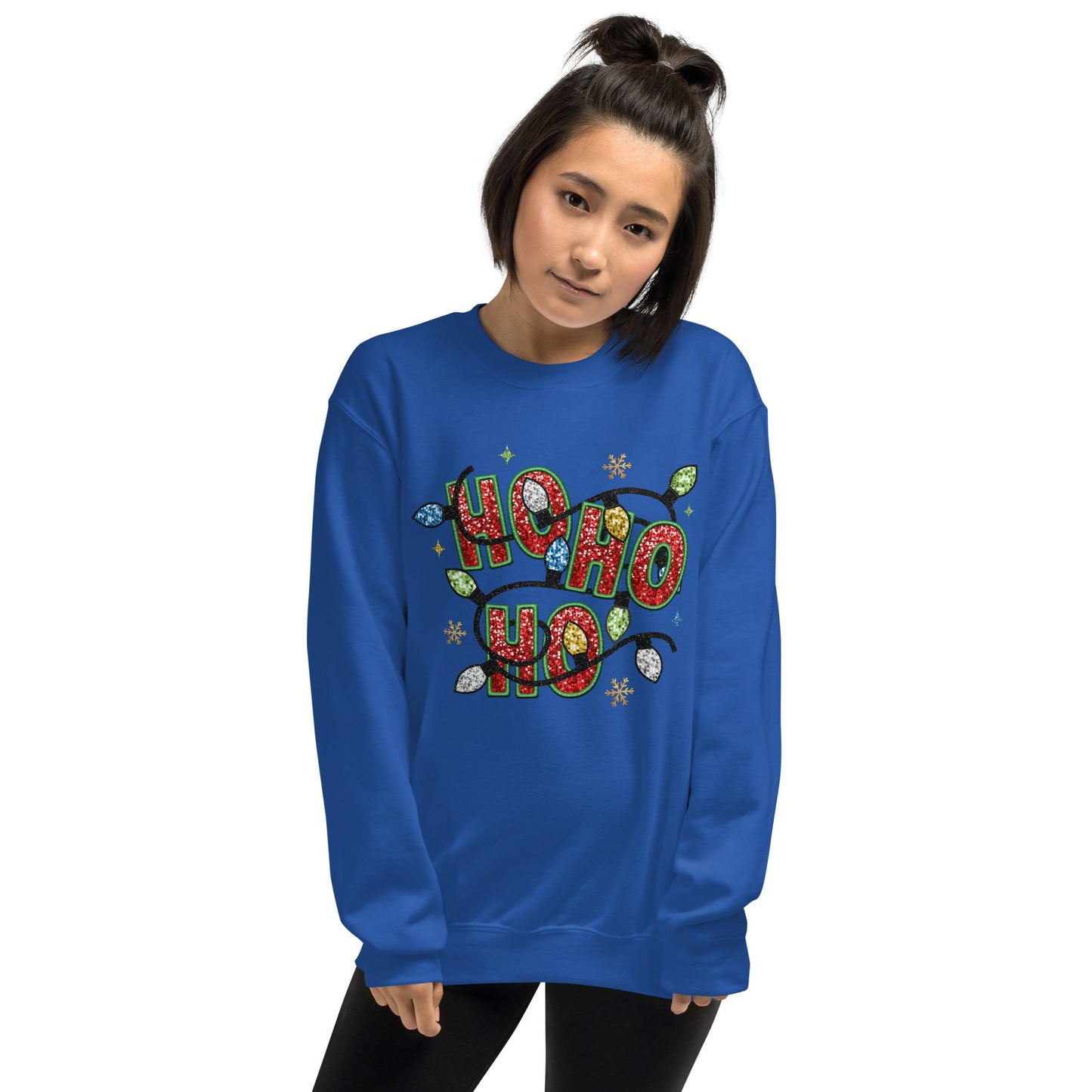 "Ho Ho Ho Women's Christmas Sweatshirt - String of Christmas Lights, Soft & Warm Classic Fit - Sublimegifts4u.com