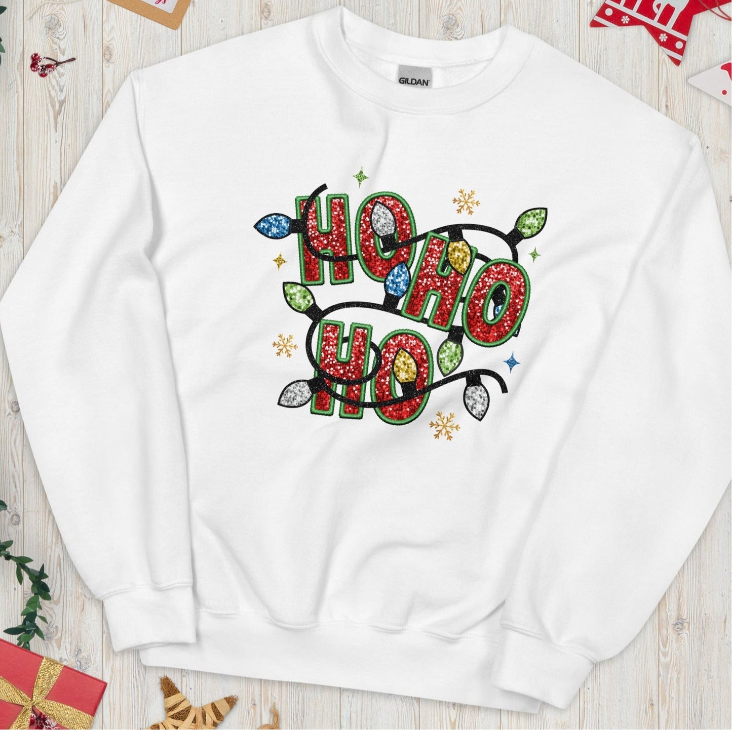 "Ho Ho Ho Women's Christmas Sweatshirt - String of Christmas Lights, Soft & Warm Classic Fit - Sublimegifts4u.com