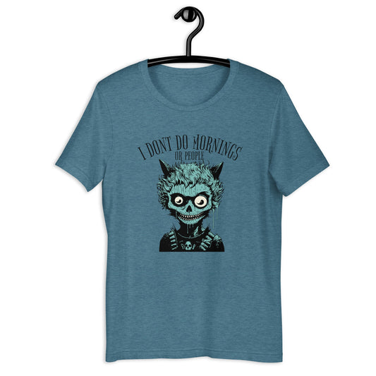 I Don't Do Mornings or People" Creepy Character Women's Tee - Soft & Comfortable Cotton T-Shirt - Sublimegifts4u.com