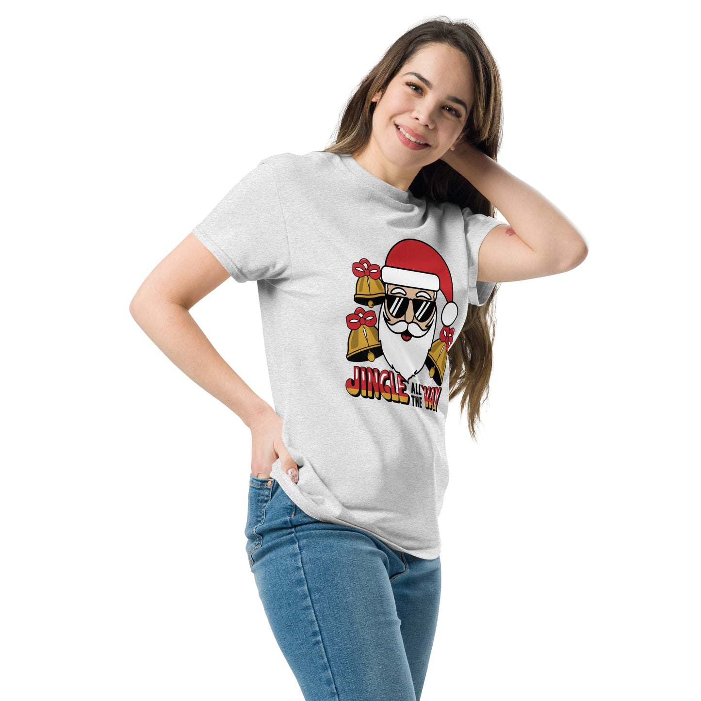 Jingle All the Way" Santa with Shades Women's Christmas Tee - Sublimegifts4u.com