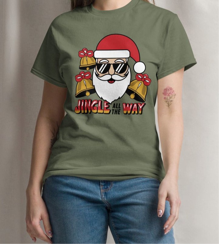 Jingle All the Way" Santa with Shades Women's Christmas Tee - Sublimegifts4u.com