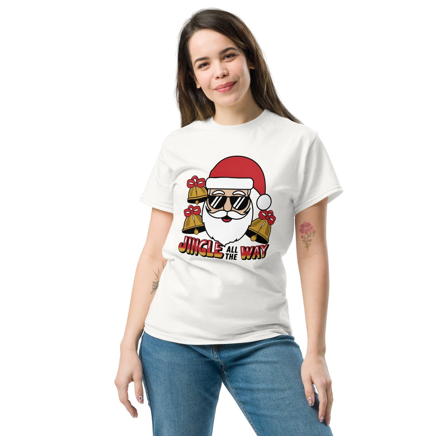 Jingle All the Way" Santa with Shades Women's Christmas Tee - Sublimegifts4u.com