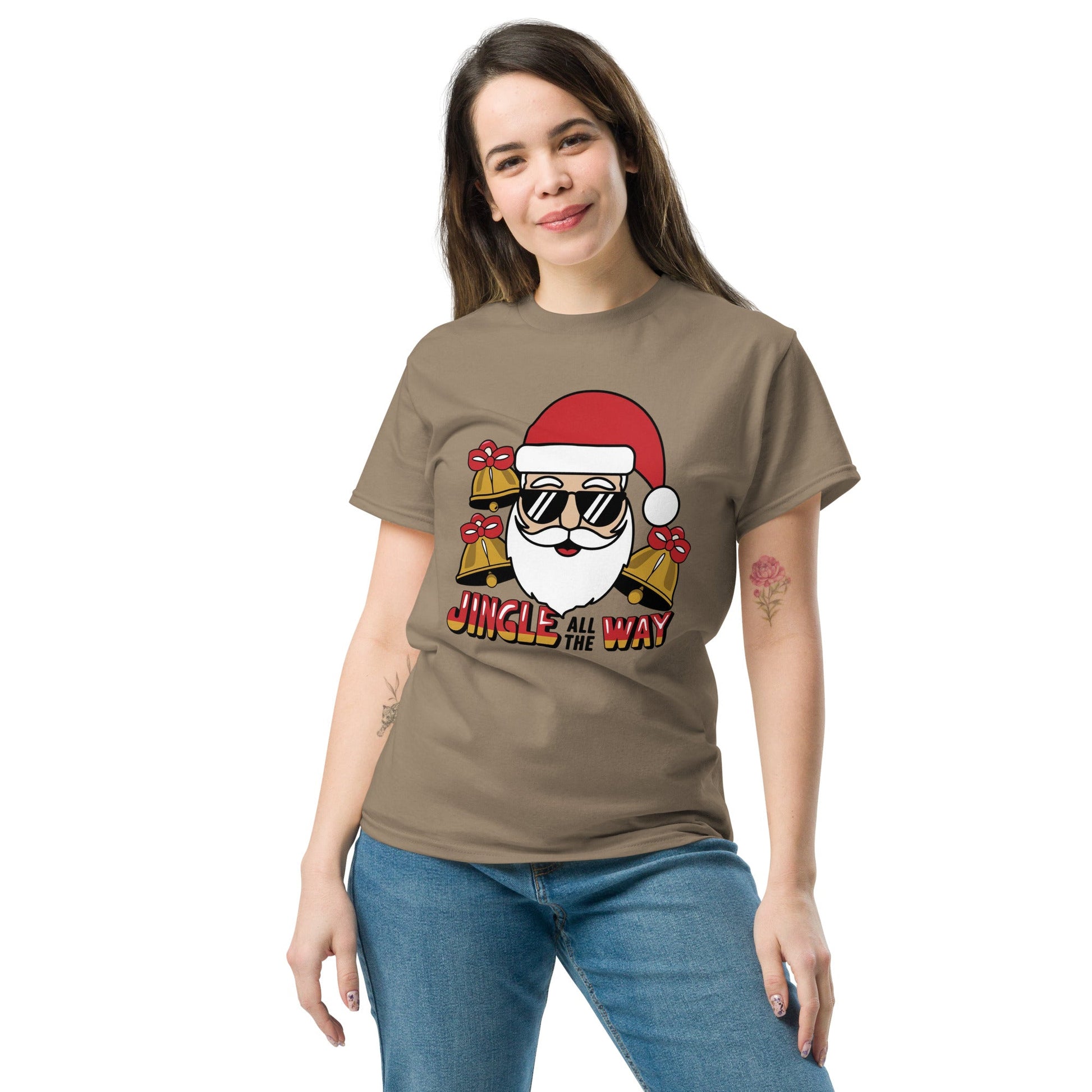 Jingle All the Way" Santa with Shades Women's Christmas Tee - Sublimegifts4u.com