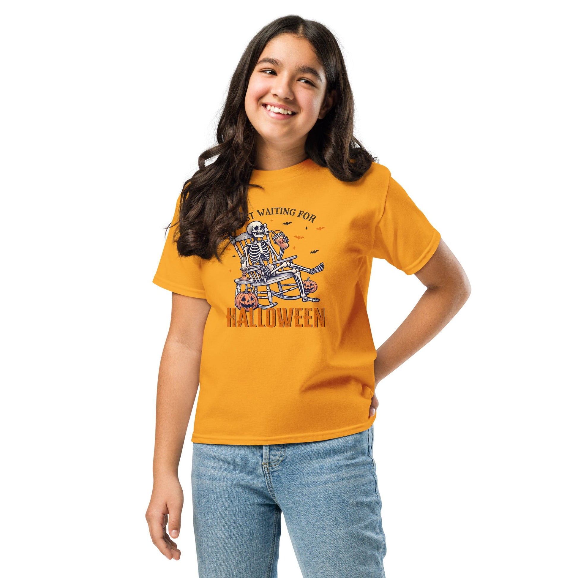 Just Waiting for Halloween Kids' T-Shirt with Skeleton & Coffee Design (Youth S - XL) - Sublimegifts4u.com