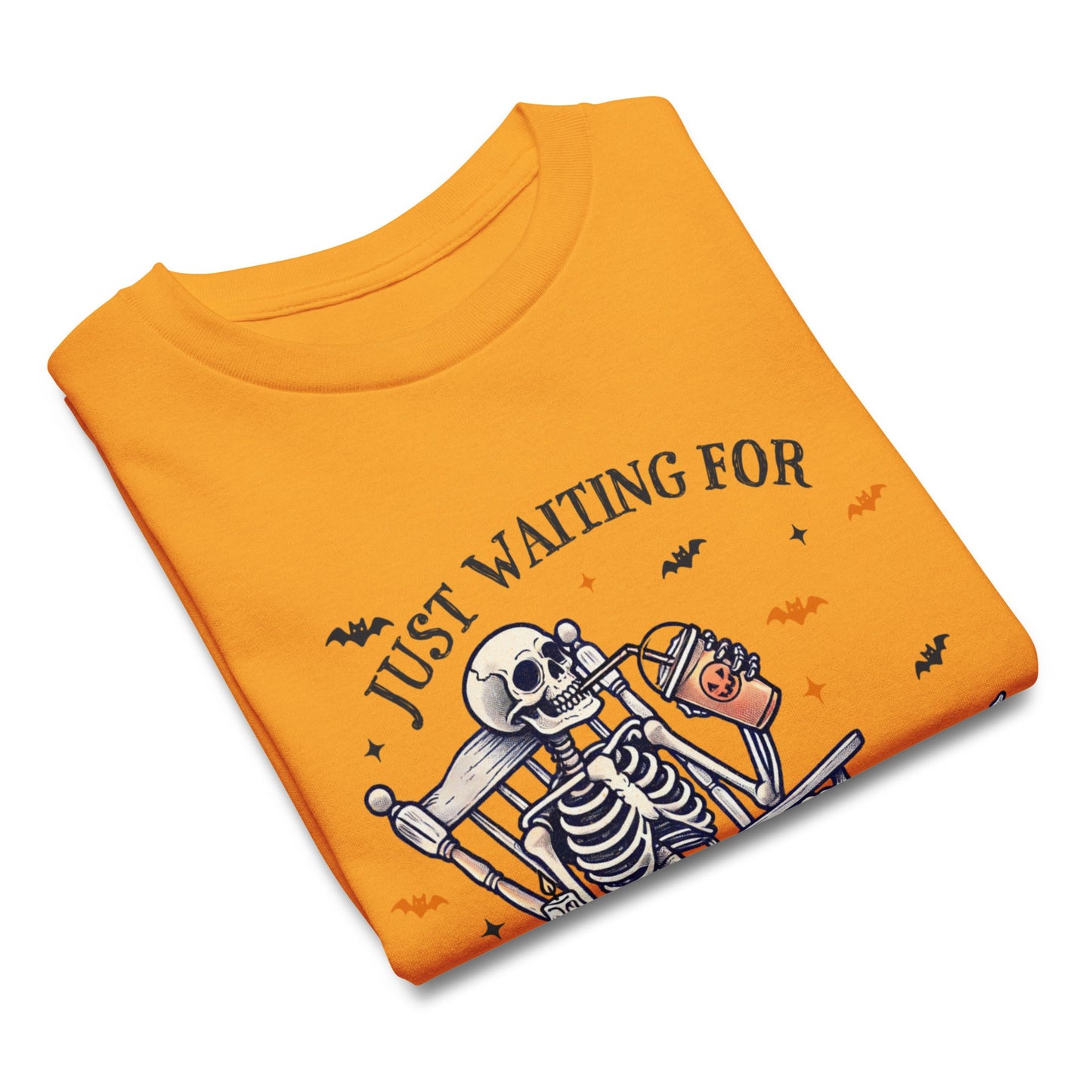 Just Waiting for Halloween Kids' T-Shirt with Skeleton & Coffee Design (Youth S - XL) - Sublimegifts4u.com