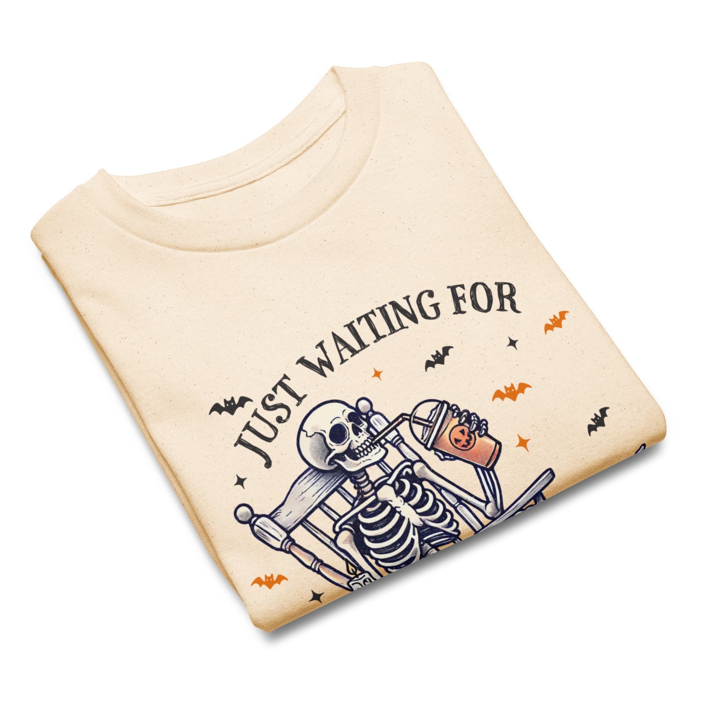 Just Waiting for Halloween Kids' T-Shirt with Skeleton & Coffee Design (Youth S - XL) - Sublimegifts4u.com