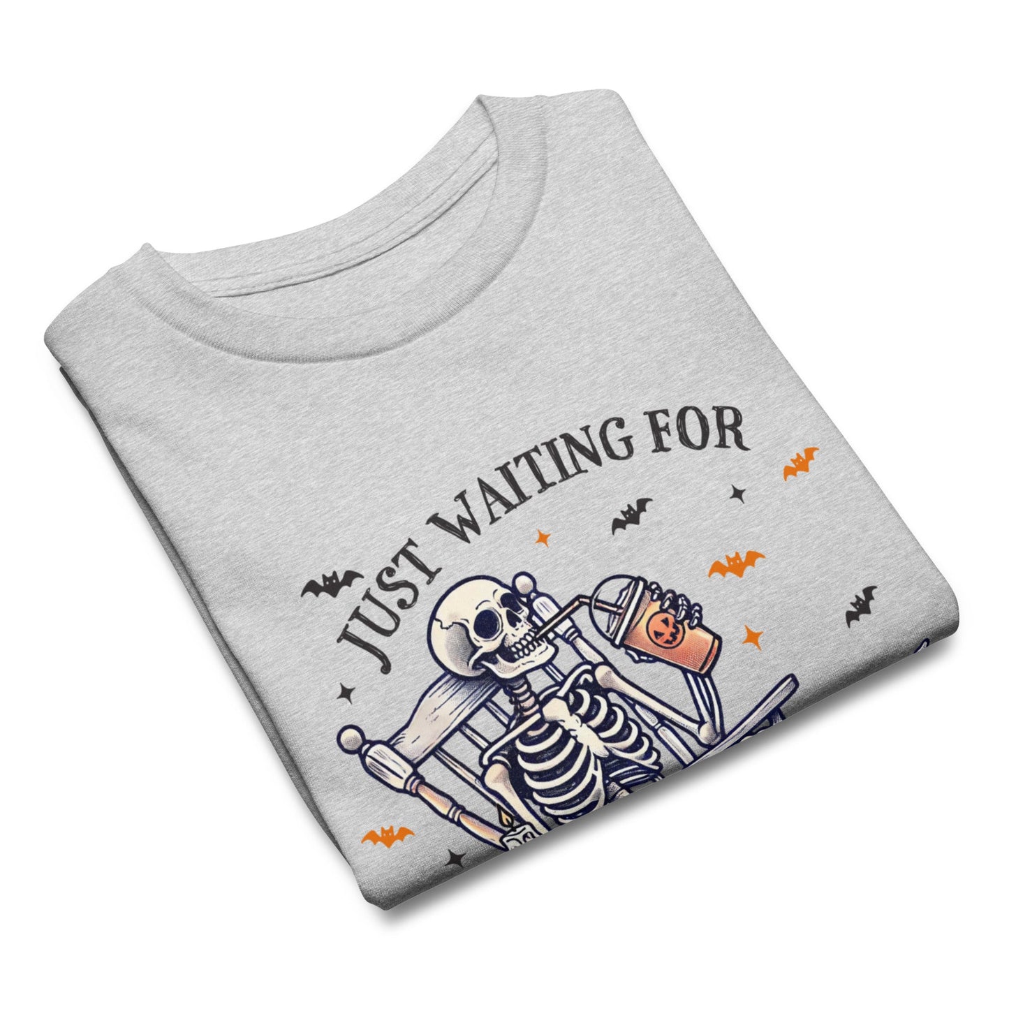 Just Waiting for Halloween Kids' T-Shirt with Skeleton & Coffee Design (Youth S - XL) - Sublimegifts4u.com