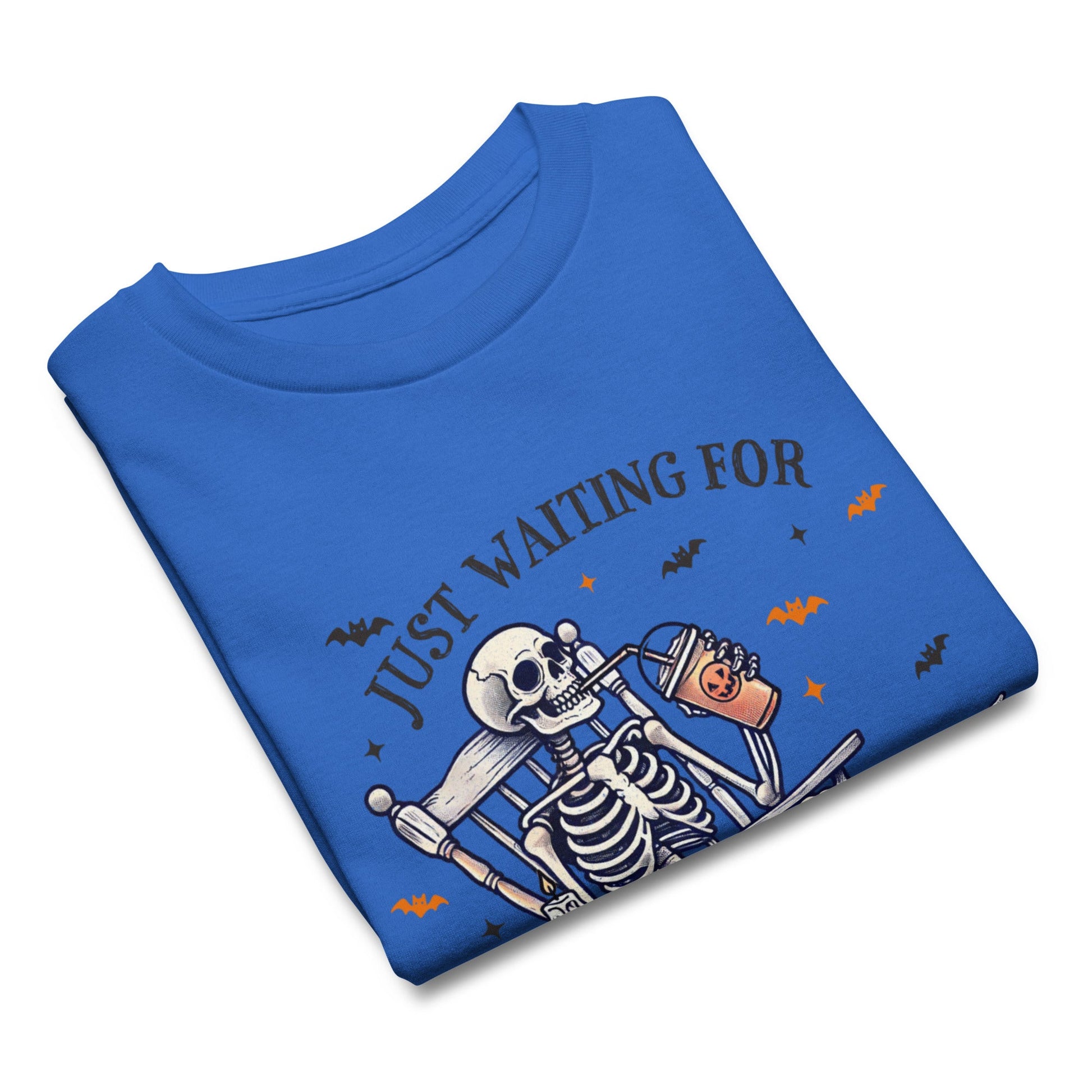 Just Waiting for Halloween Kids' T-Shirt with Skeleton & Coffee Design (Youth S - XL) - Sublimegifts4u.com