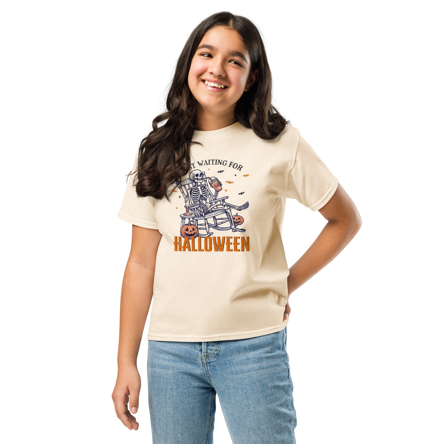 Just Waiting for Halloween Kids' T-Shirt with Skeleton & Coffee Design (Youth S - XL) - Sublimegifts4u.com