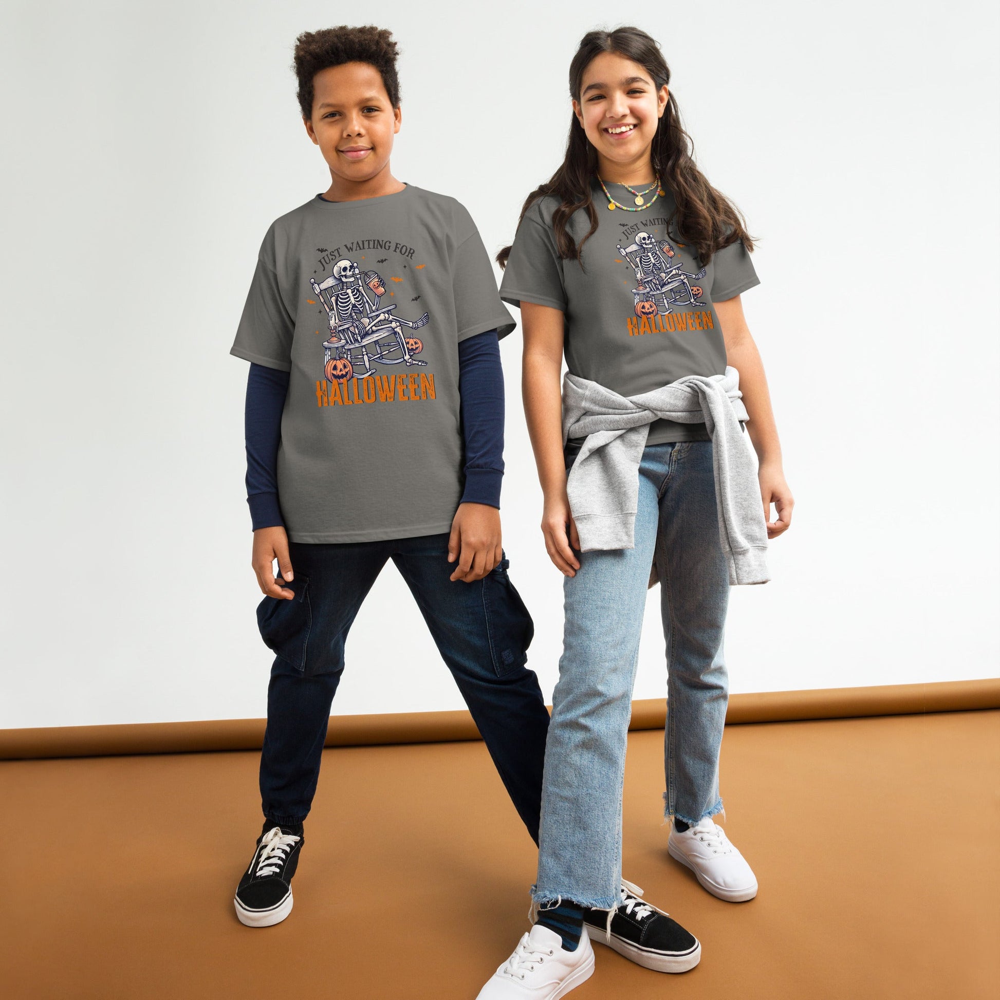 Just Waiting for Halloween Kids' T-Shirt with Skeleton & Coffee Design (Youth S - XL) - Sublimegifts4u.com