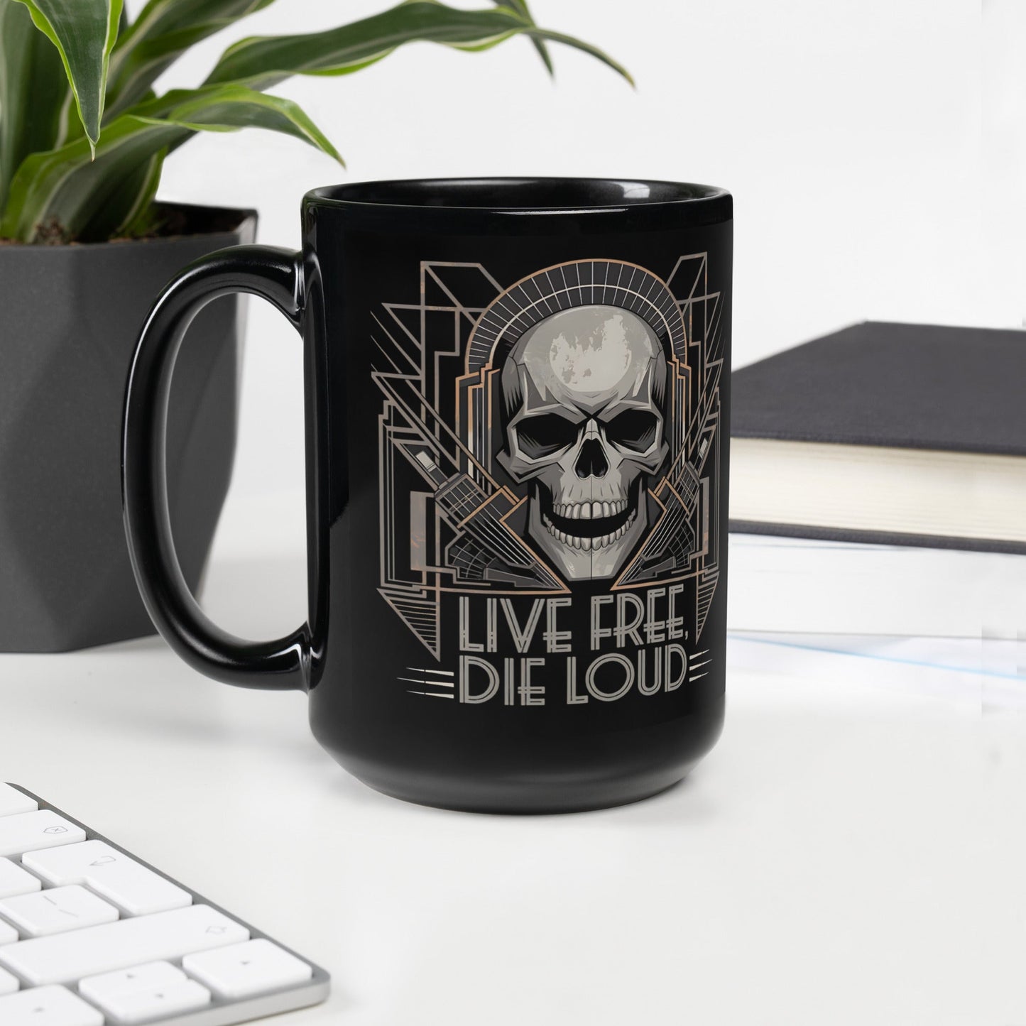 Live Free, Die Loud" Skull Mug – Black Ceramic 11oz & 15oz with Glossy Finish - Sublimegifts4u.com