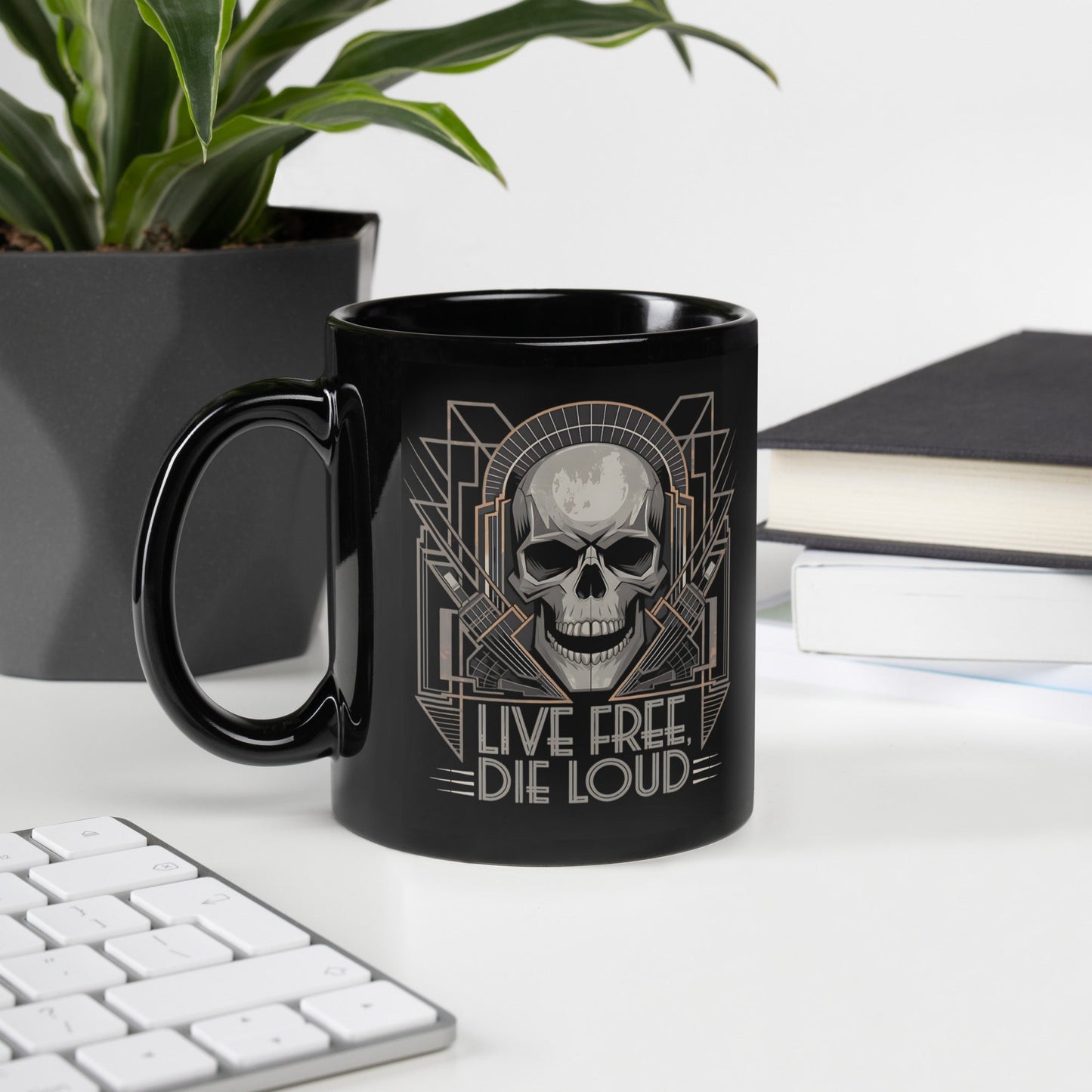 Live Free, Die Loud" Skull Mug – Black Ceramic 11oz & 15oz with Glossy Finish - Sublimegifts4u.com