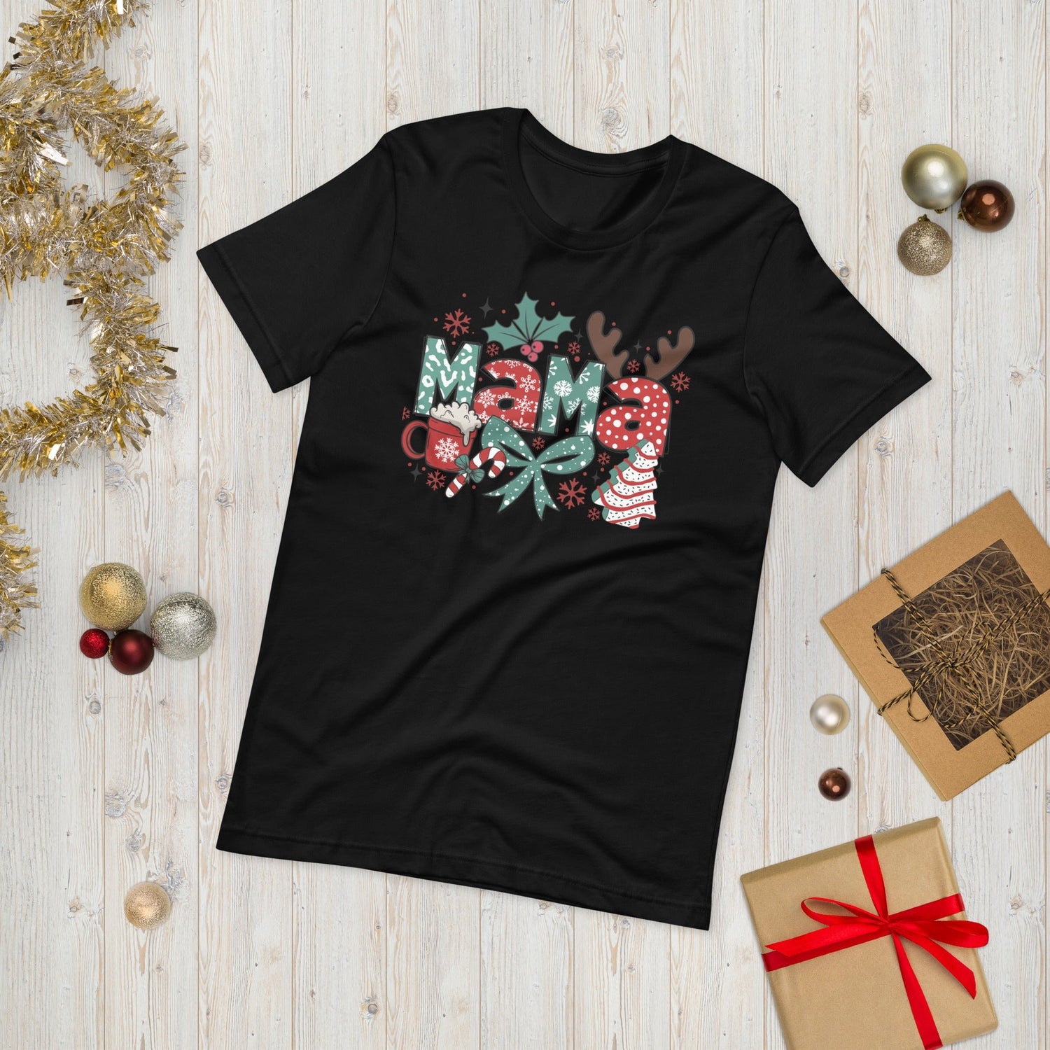 Mama Christmas Tee - Hot Chocolate, Ribbons & Snowflakes Design, Soft & Comfortable Women's T-Shirt - Sublimegifts4u.com