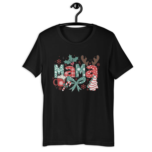 Mama Christmas Tee - Hot Chocolate, Ribbons & Snowflakes Design, Soft & Comfortable Women's T-Shirt - Sublimegifts4u.com