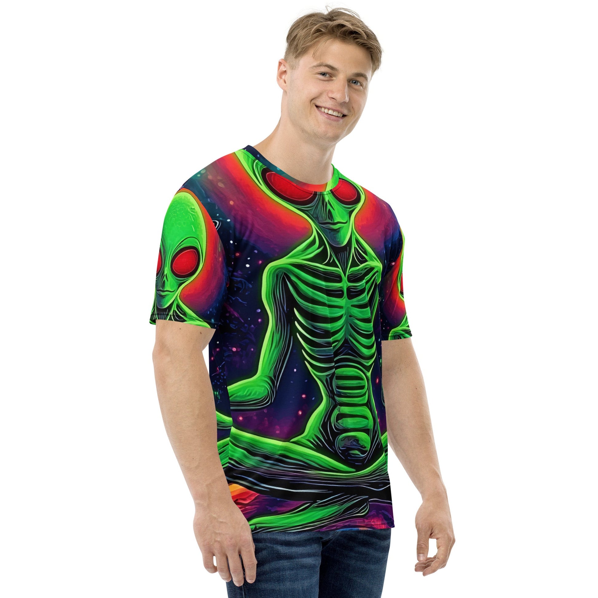 Men’s All - Over Print Meditating Alien in Space T-Shirt - Soft & Stretchy Cosmic Tee - Sublimegifts4u.com