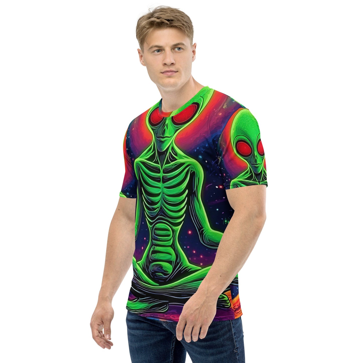 Men’s All - Over Print Meditating Alien in Space T-Shirt - Soft & Stretchy Cosmic Tee - Sublimegifts4u.com