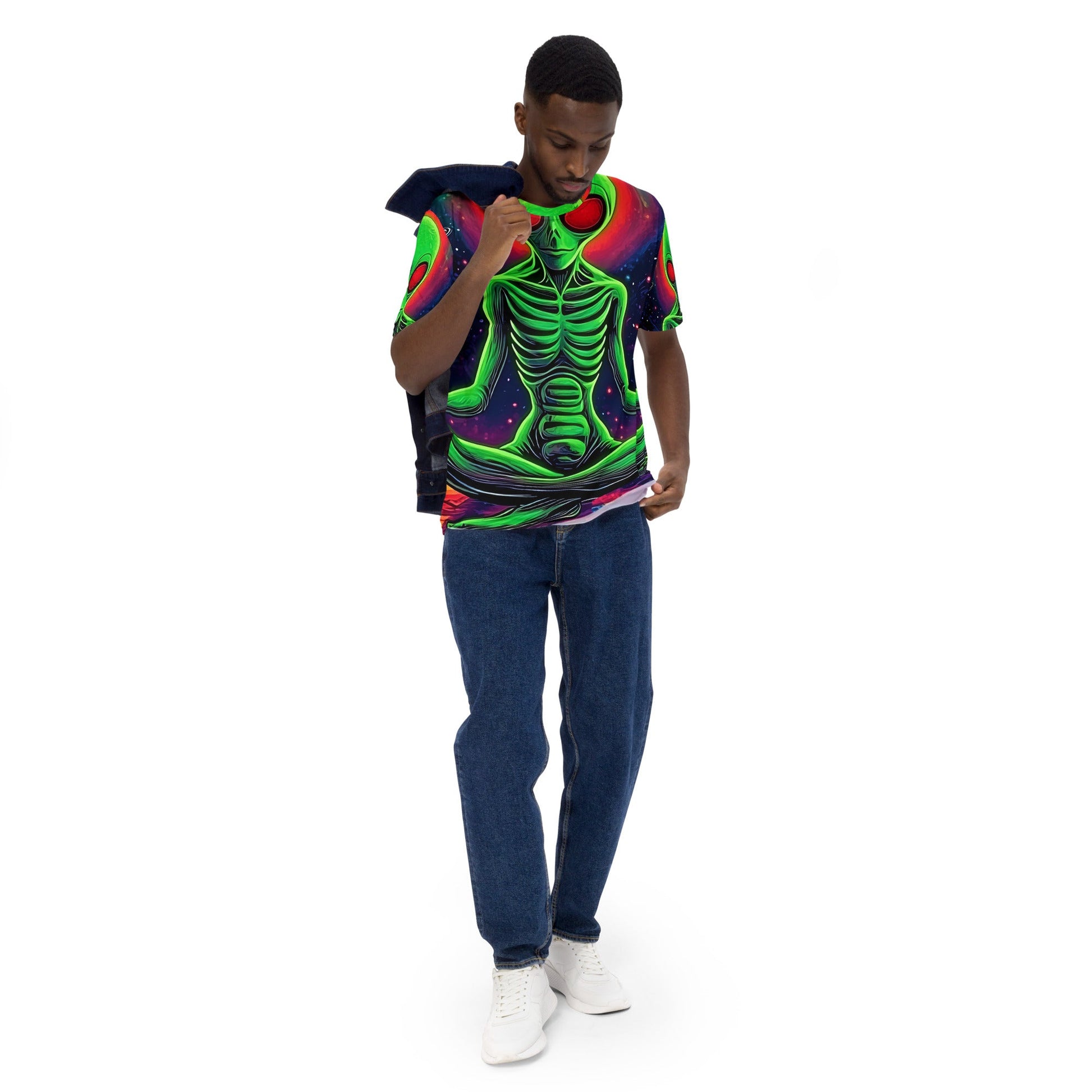 Men’s All - Over Print Meditating Alien in Space T-Shirt - Soft & Stretchy Cosmic Tee - Sublimegifts4u.com