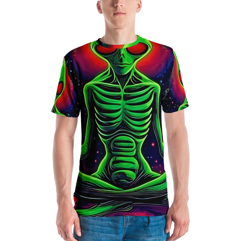 Men’s All - Over Print Meditating Alien in Space T-Shirt - Soft & Stretchy Cosmic Tee - Sublimegifts4u.com