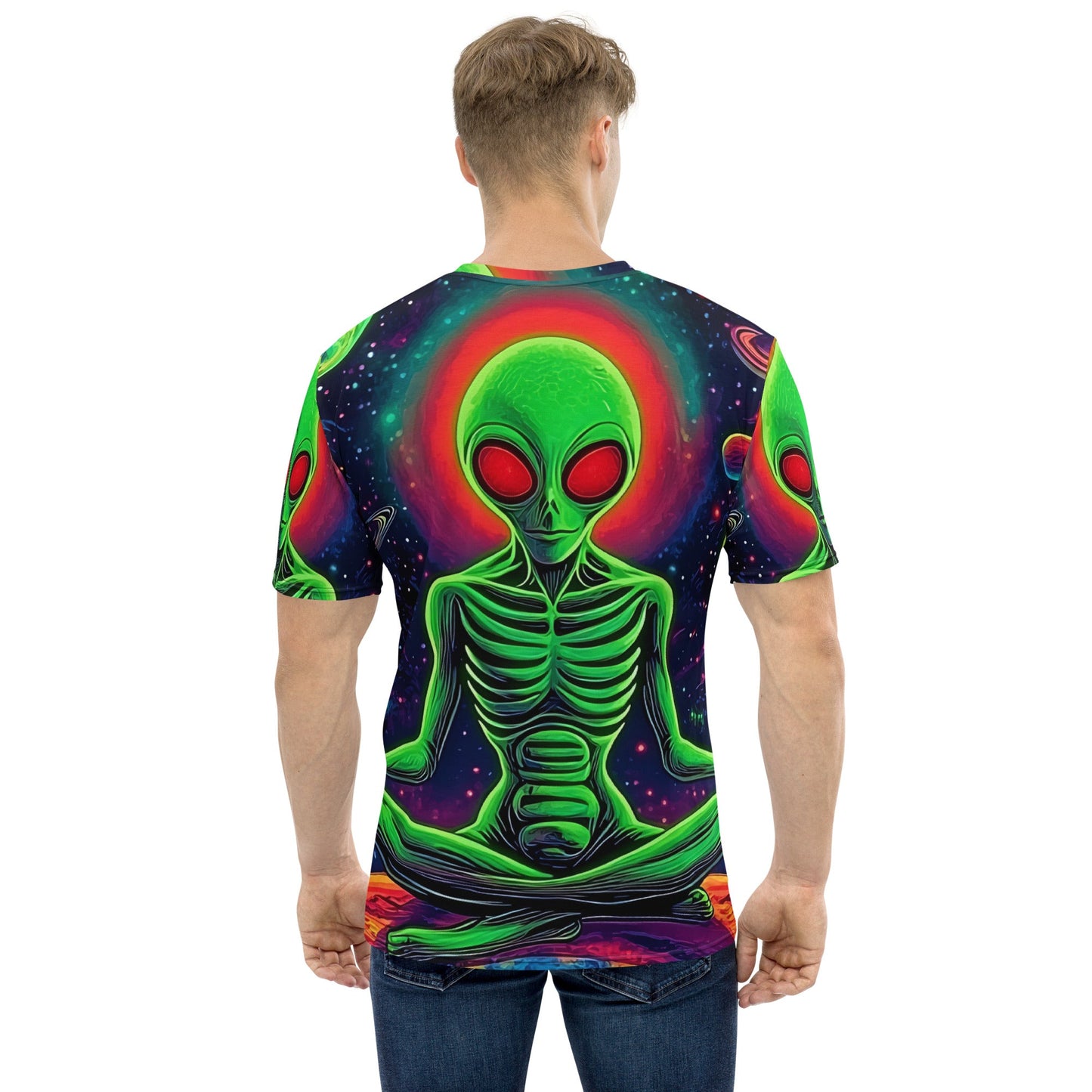 Men’s All - Over Print Meditating Alien in Space T-Shirt - Soft & Stretchy Cosmic Tee - Sublimegifts4u.com